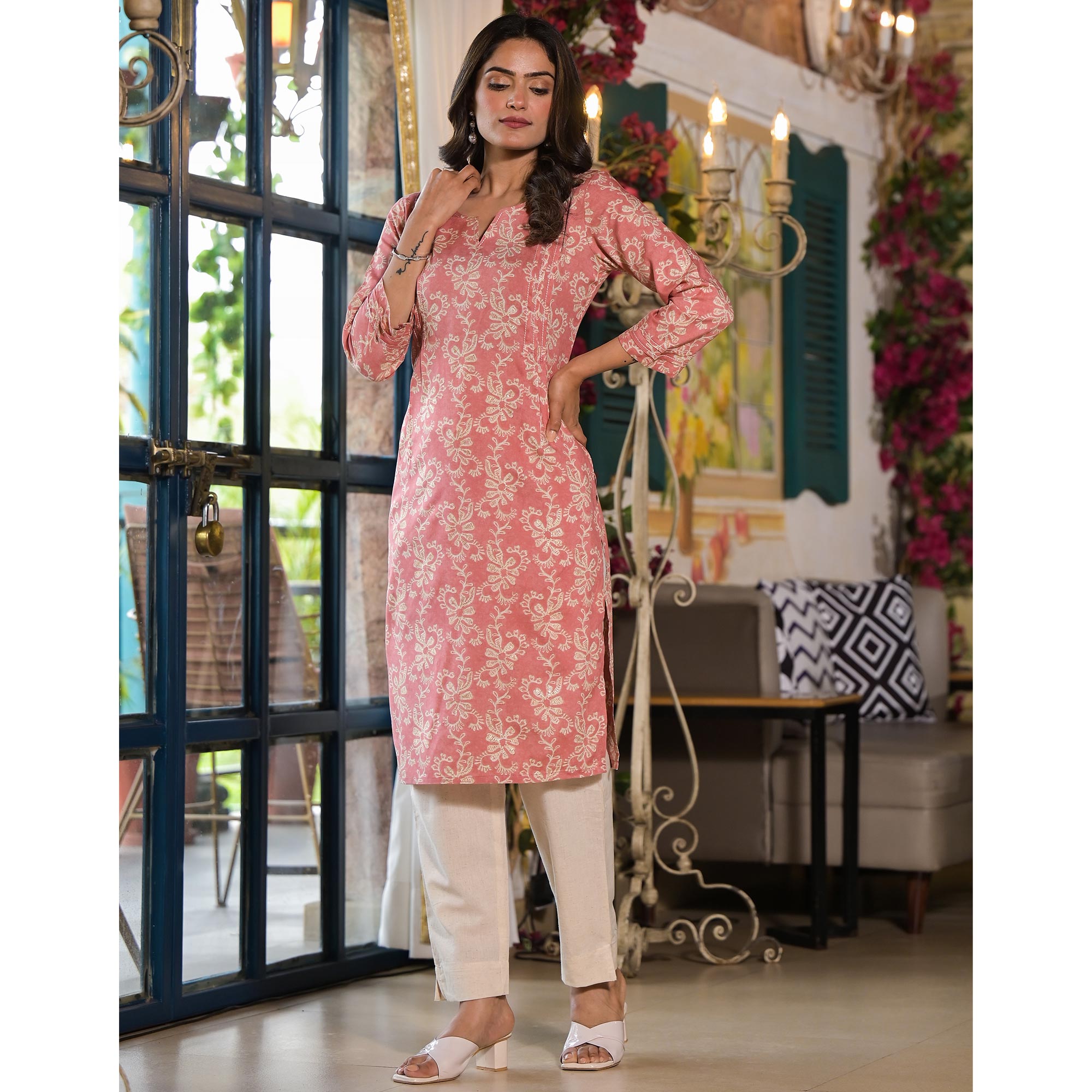 Peach Floral Printed Rayon Straight Kurti