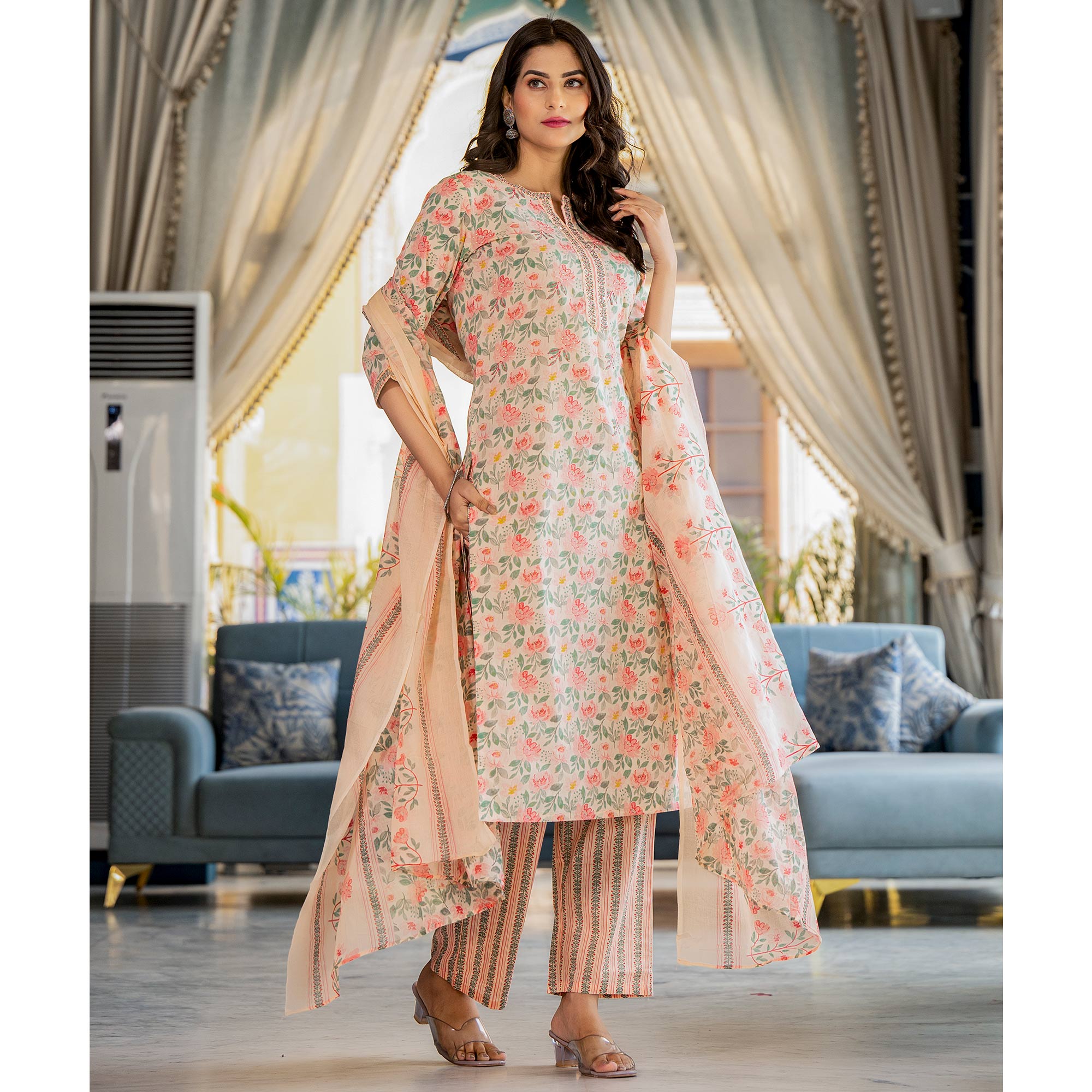 Peach Floral Printed Pure Cotton Salwar Suit