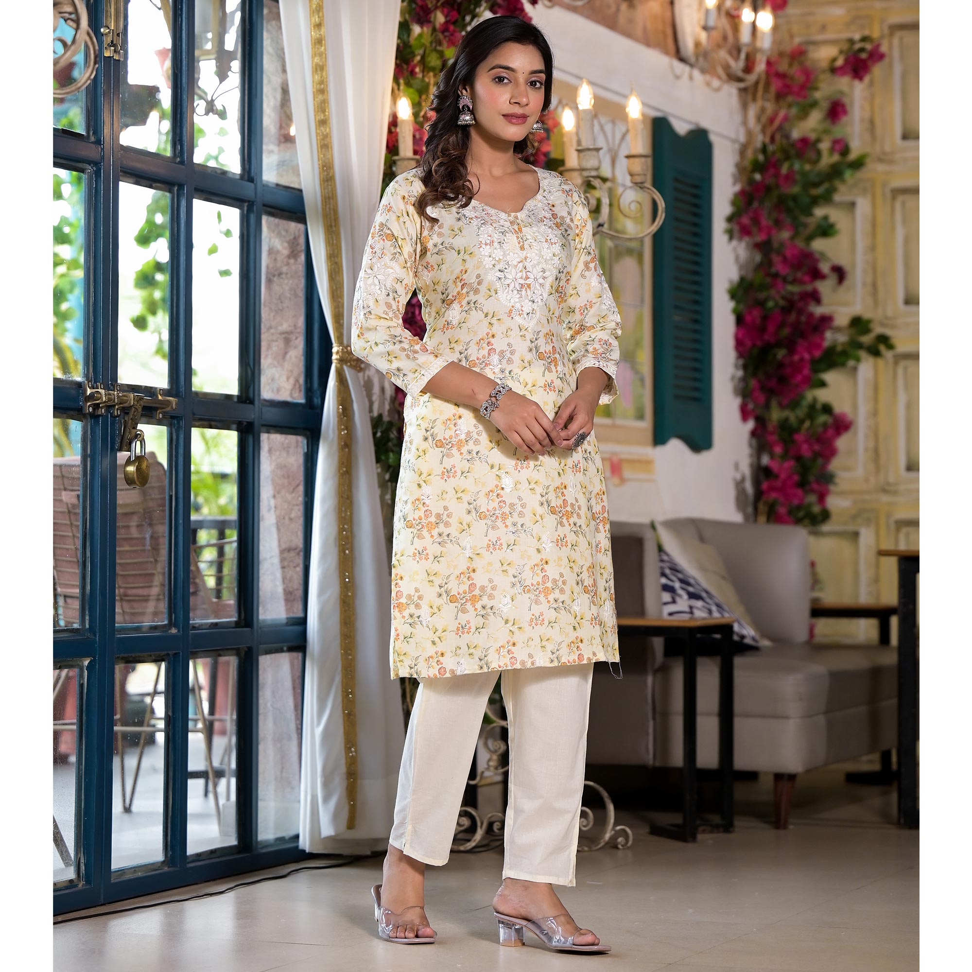 Yellow & Orange Embroidered Rayon Straight Kurti