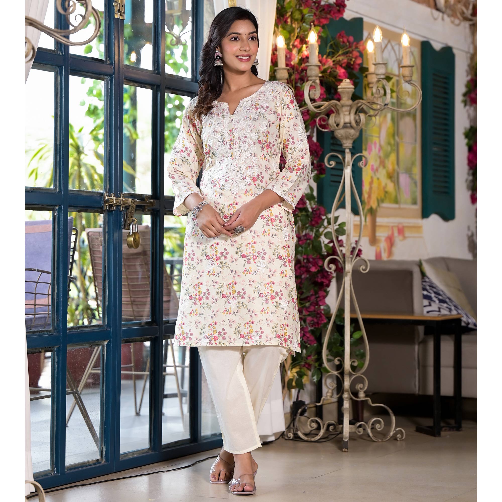 Yellow & Pink Embroidered Rayon Straight Kurti