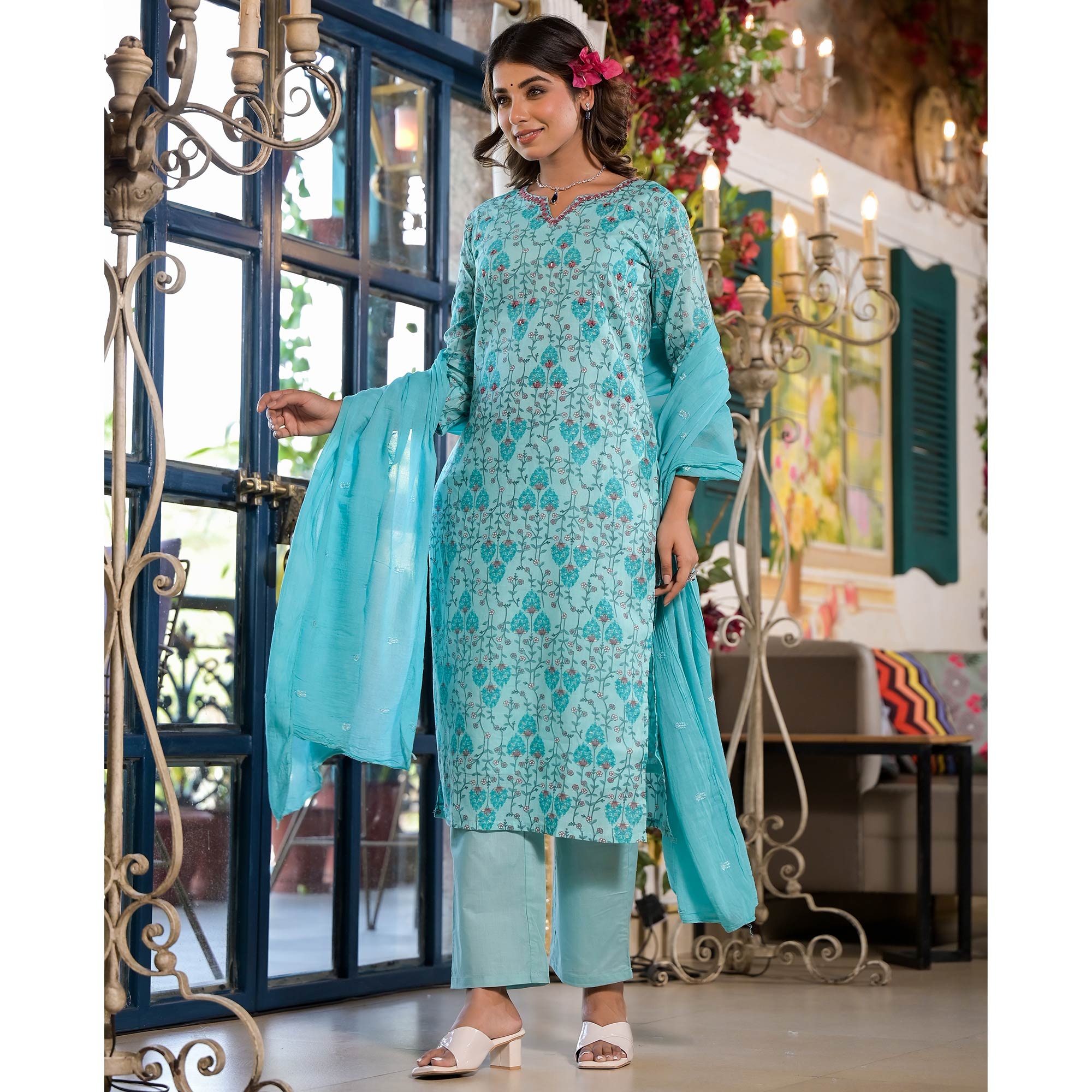 Sky Blue Floral Printed Mulmul Cotton Straight Salwar Suit