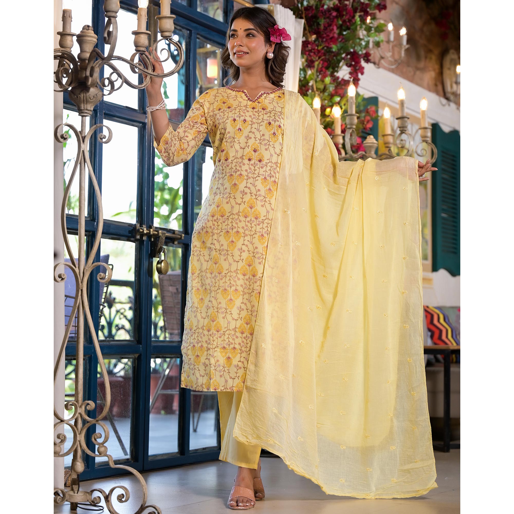 Yellow Floral Printed Mulmul Cotton Straight Salwar Suit