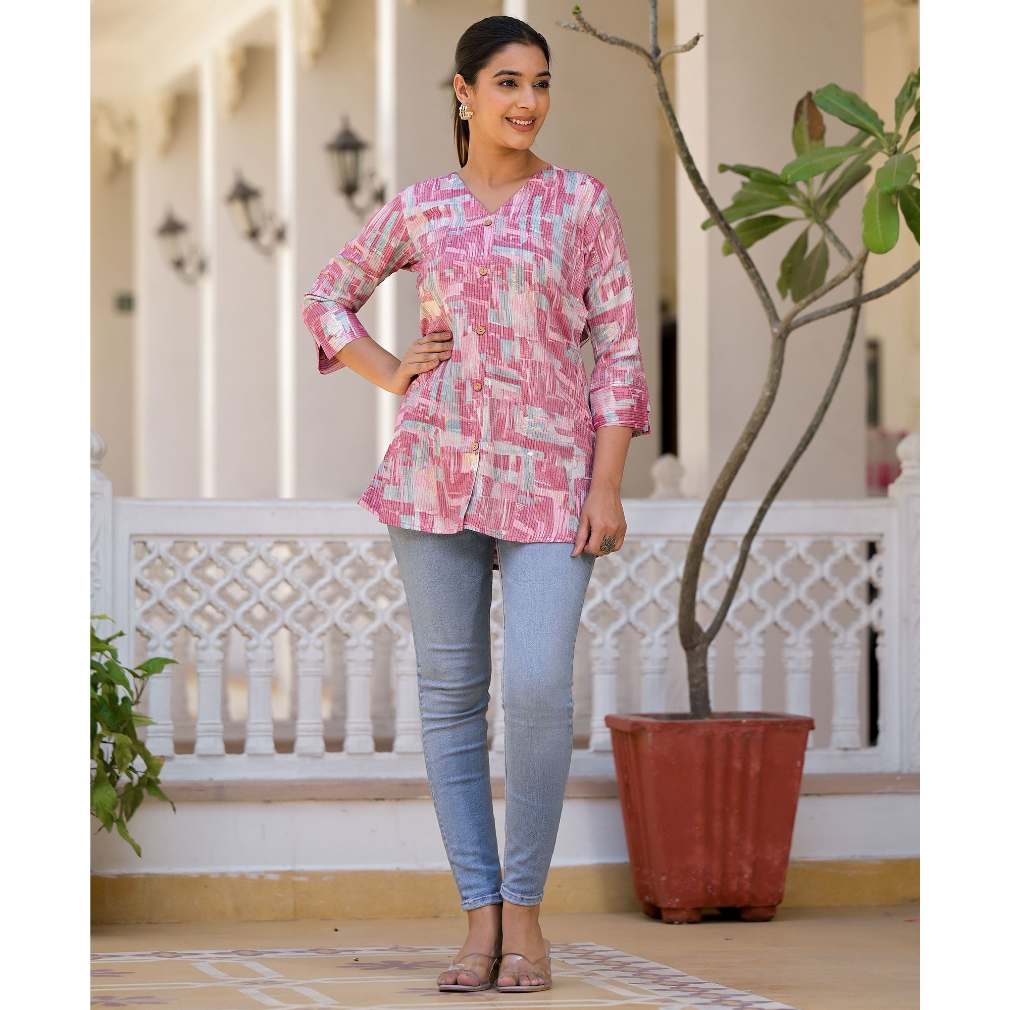 Pink Printed Rayon A-Line Top