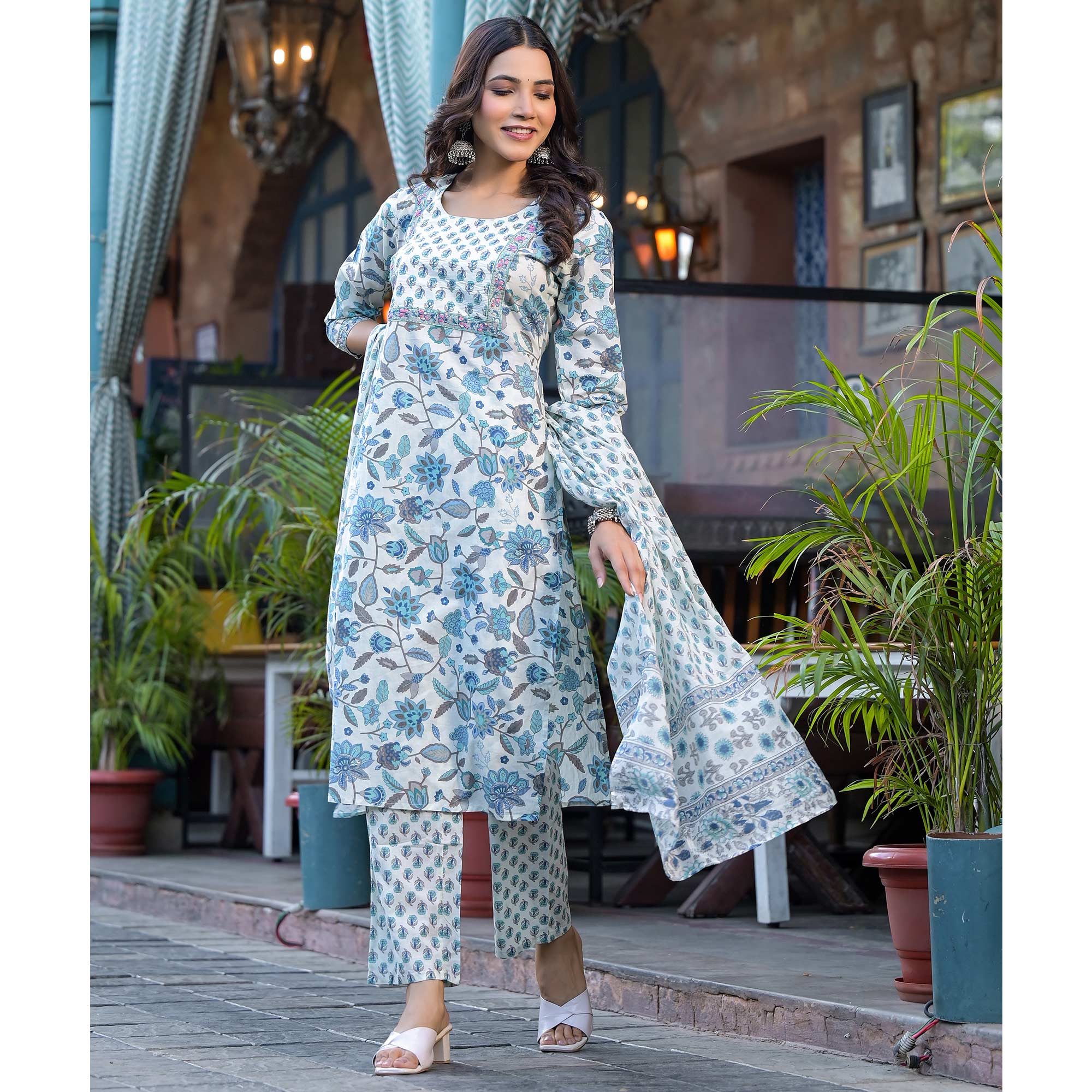 White & Blue Floral Printed Pure Cotton Salwar Suit