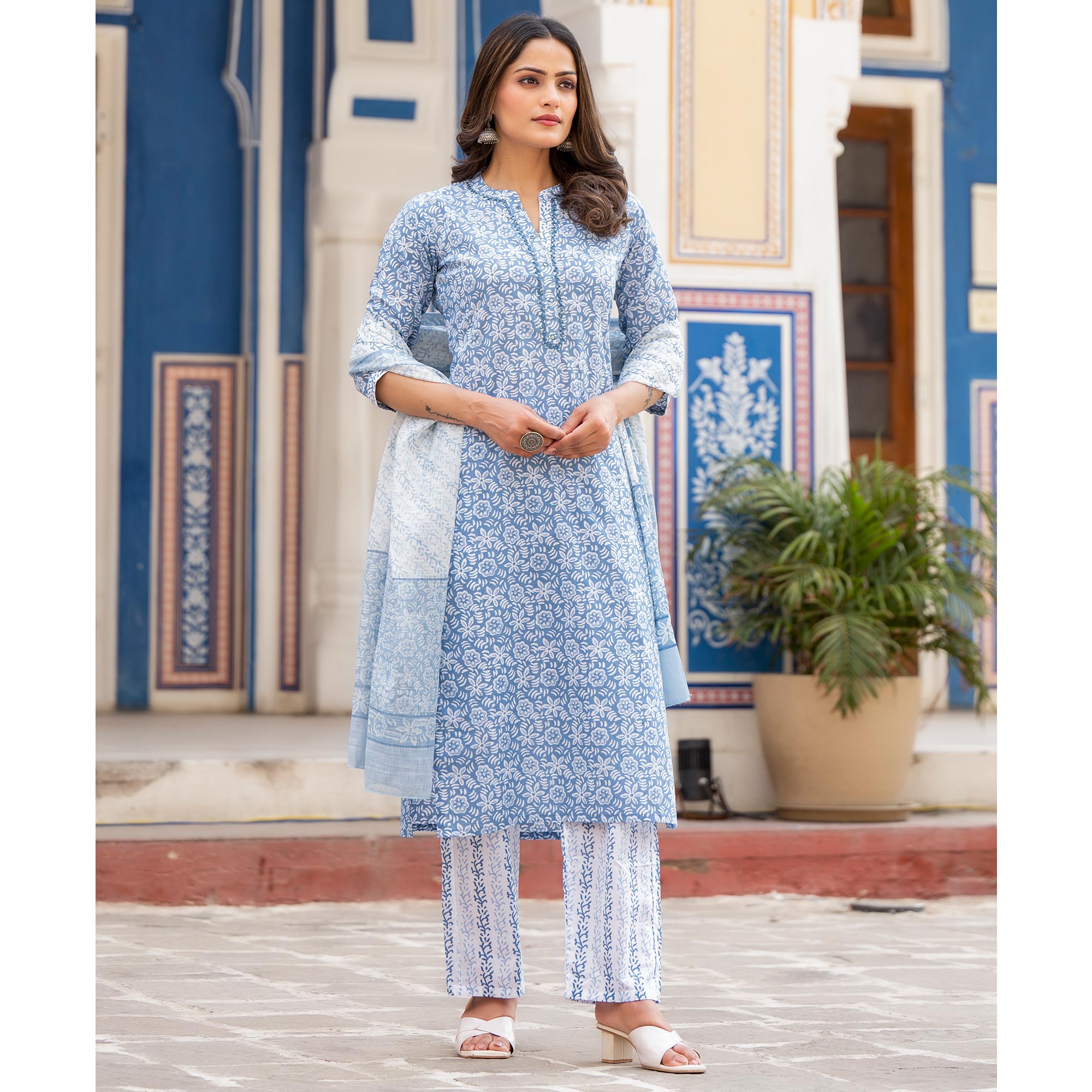 Blue Floral Printed Pure Cotton Salwar Suit