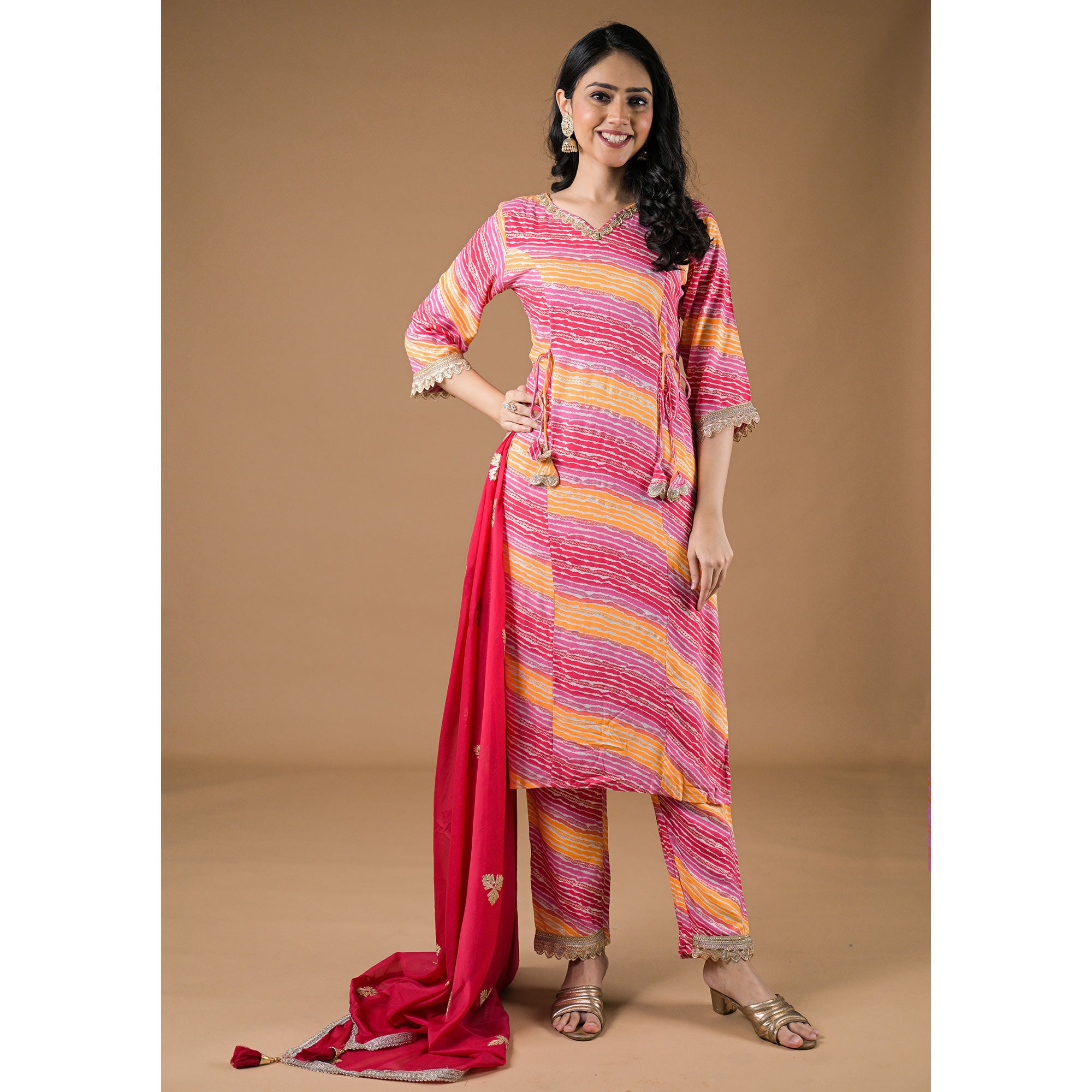 Pink Leheriya Printed Rayon A-line Salwar Suit