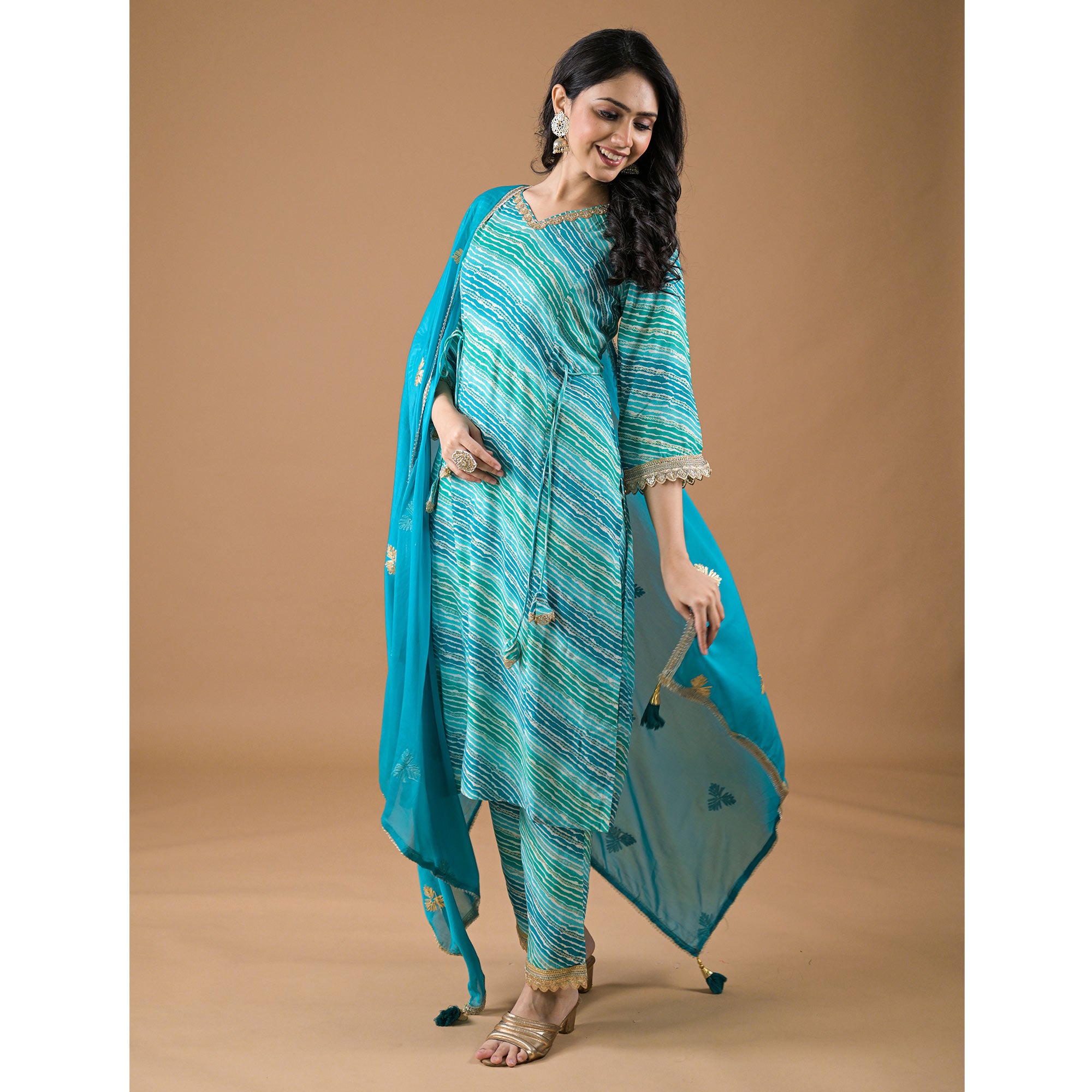 Turquoise Leheriya Printed Rayon A-line Salwar Suit