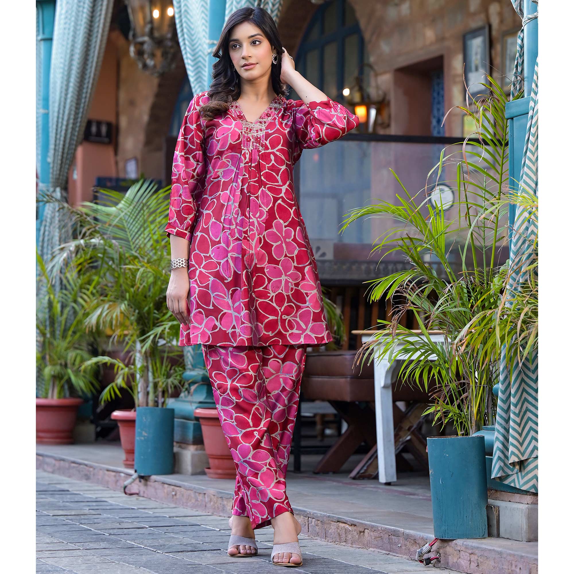 Red Floral Printed Chanderi Silk Co-Ord Set