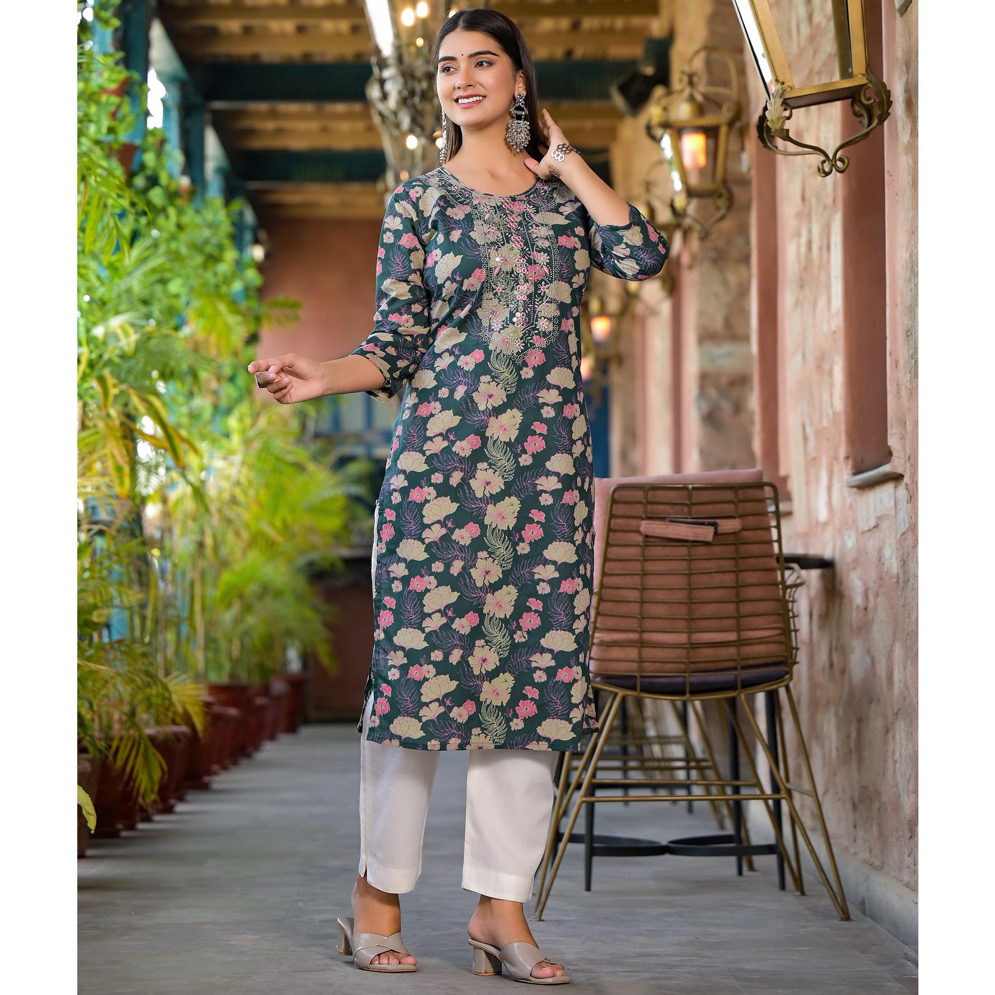 Green Floral Printed Pure Cotton Straight Kurti