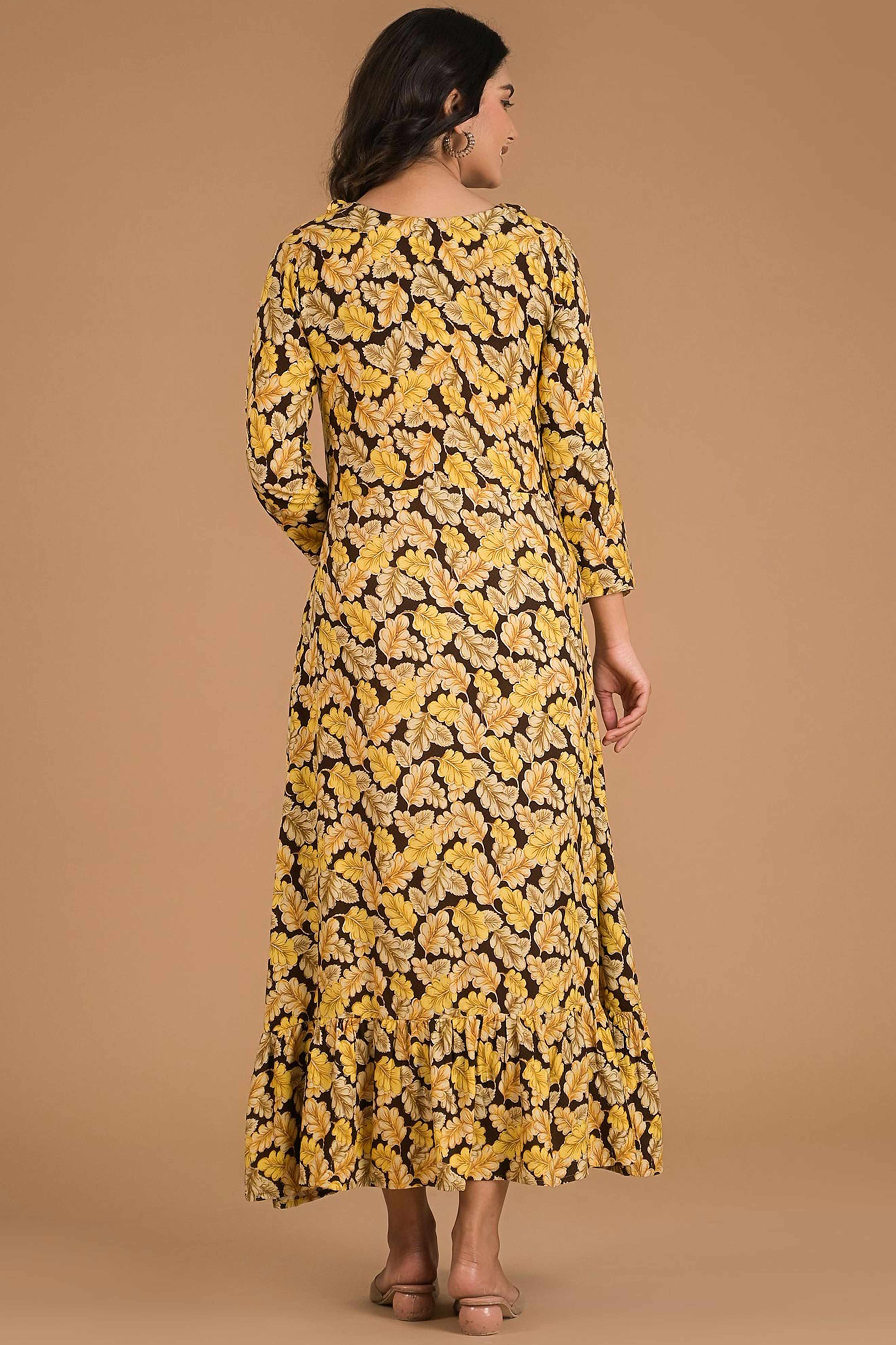 Mustard Floral Printed Rayon Maxi Dress