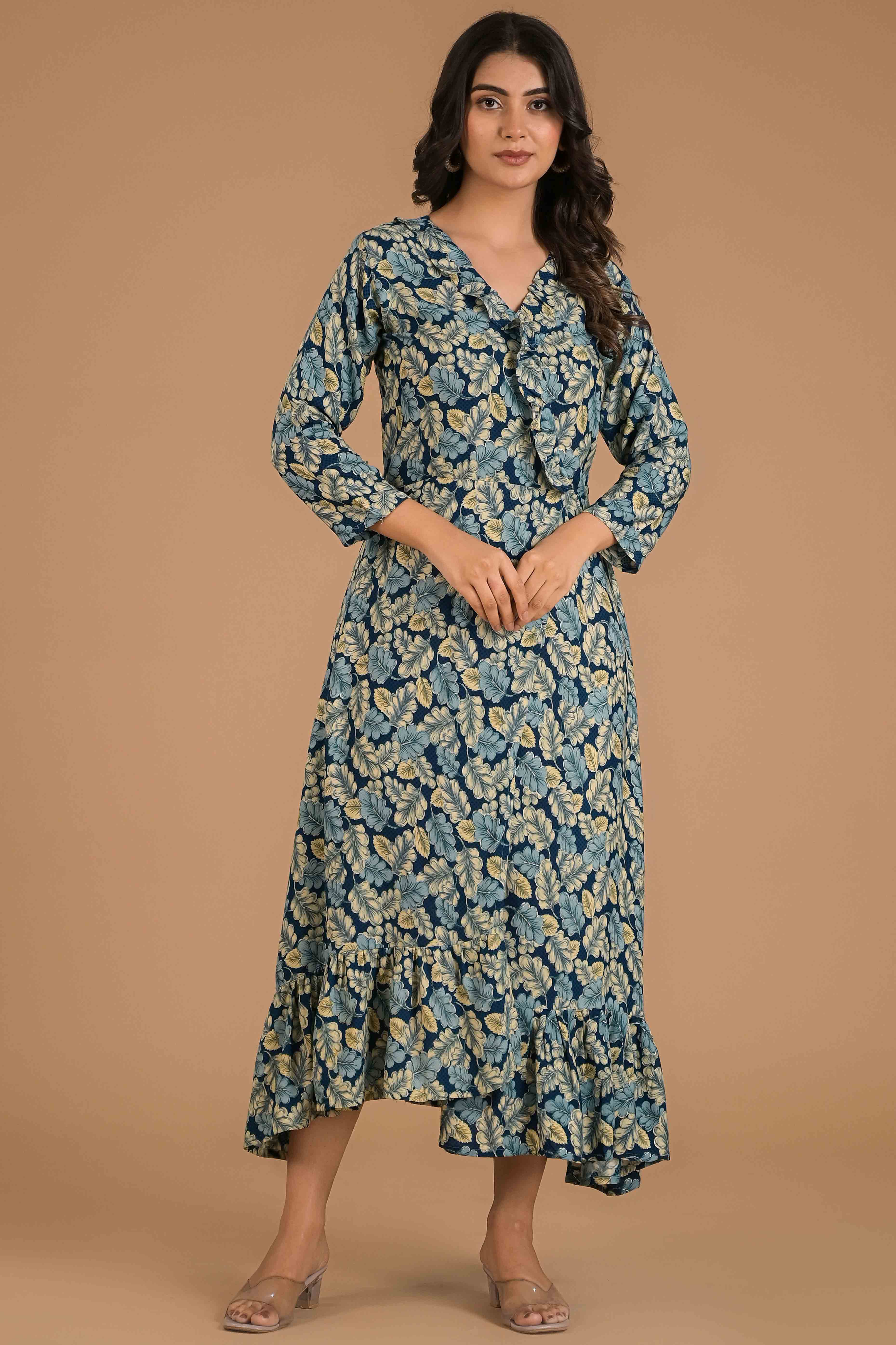 Teal Blue Floral Printed Rayon Maxi Dress