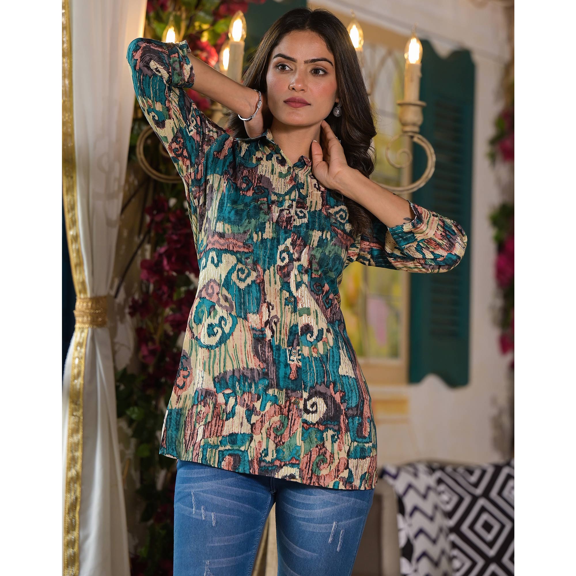 Blue & Green Printed Muslin Top