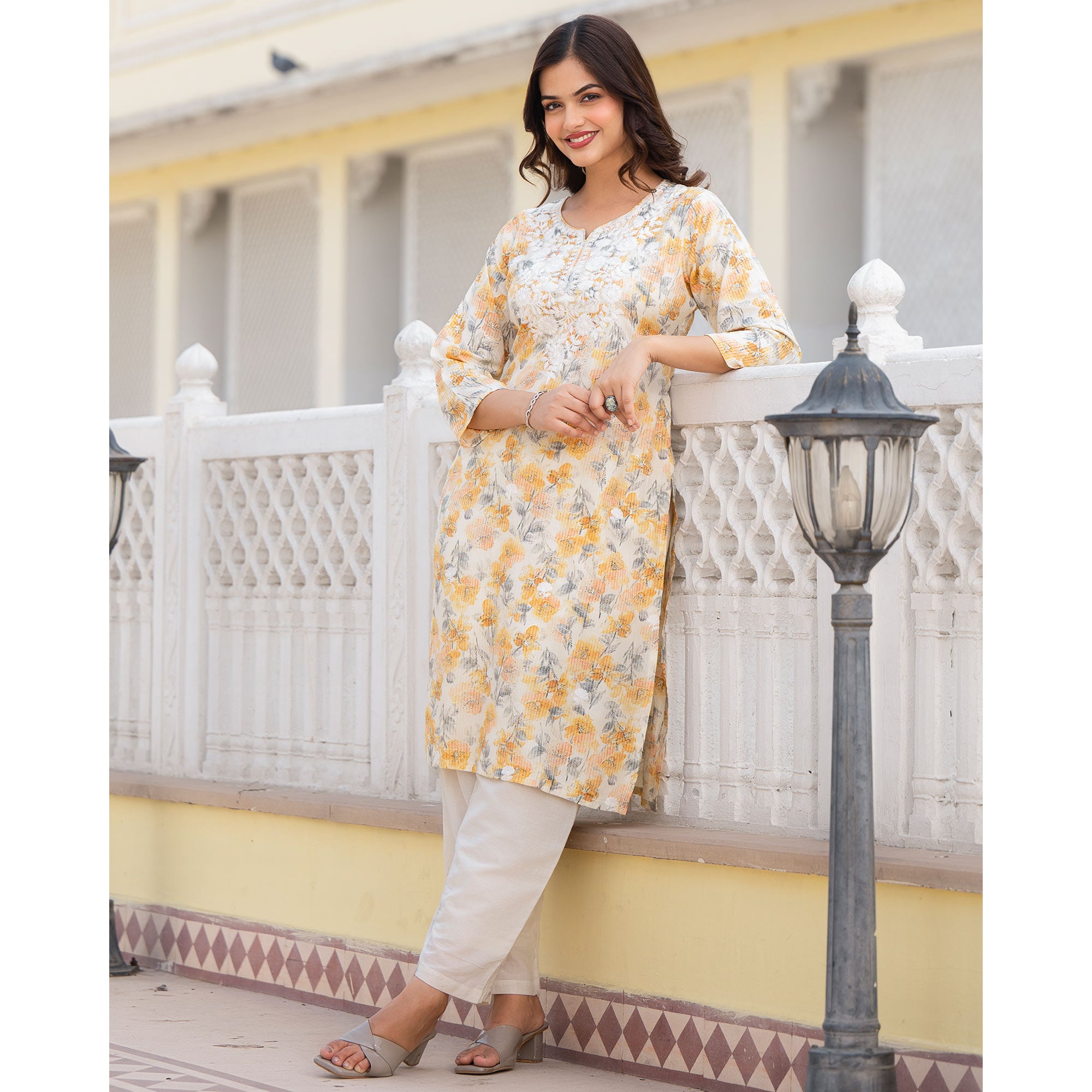 Cream & Mustard Floral Printed Rayon Straight Kurti