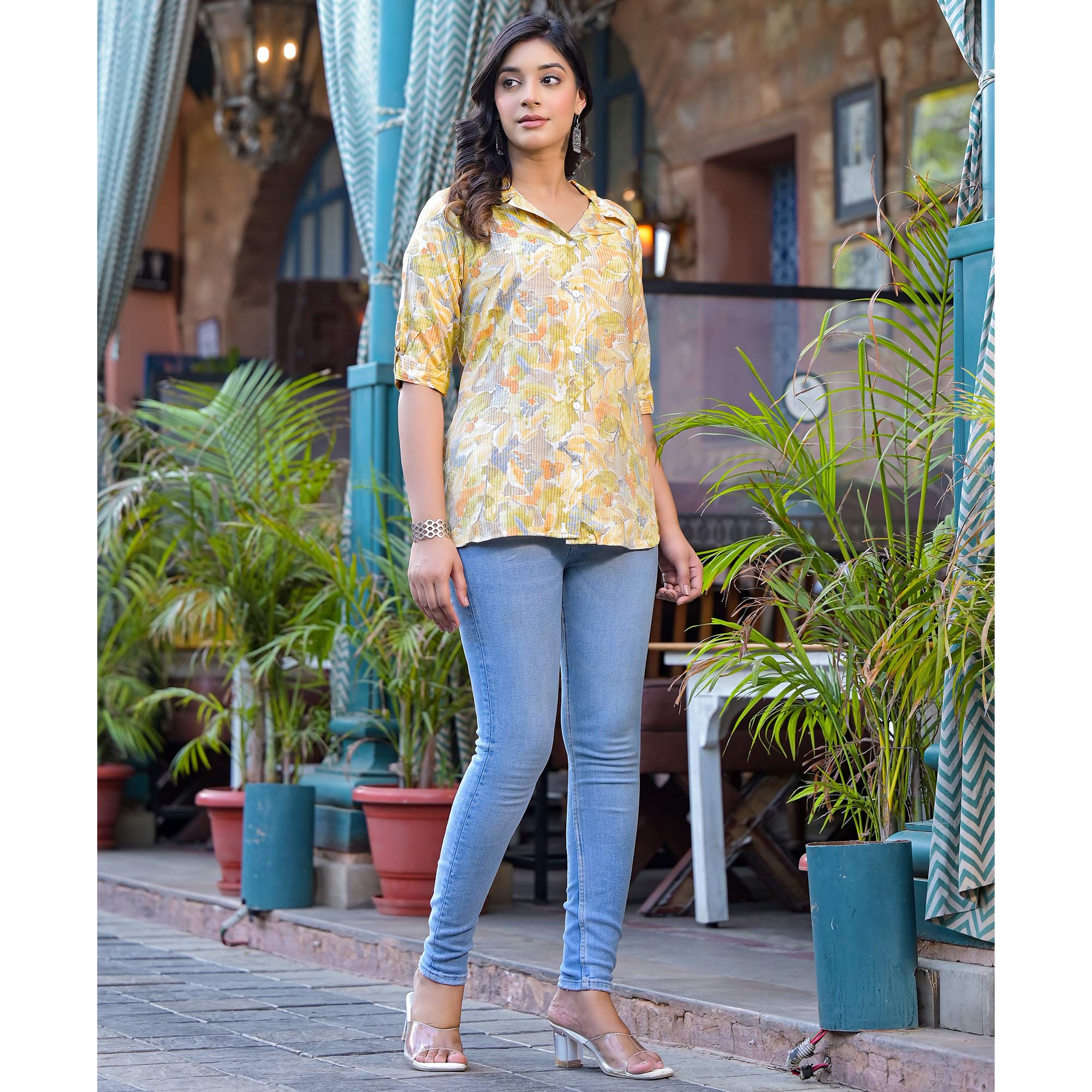 Mustard Foil Printed Rayon Top