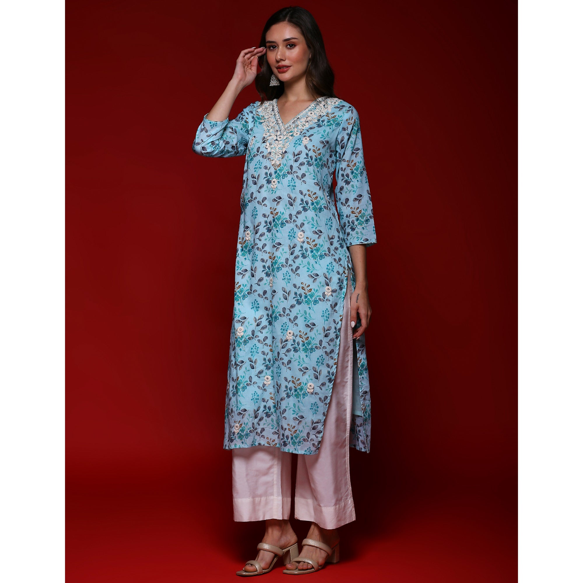 Sky Blue Floral Printed Mulmul Cotton Straight Kurti