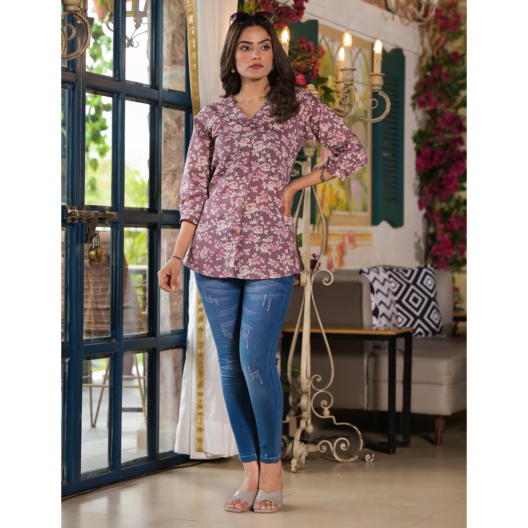 Plum Red Floral Printed Pure Cotton Top