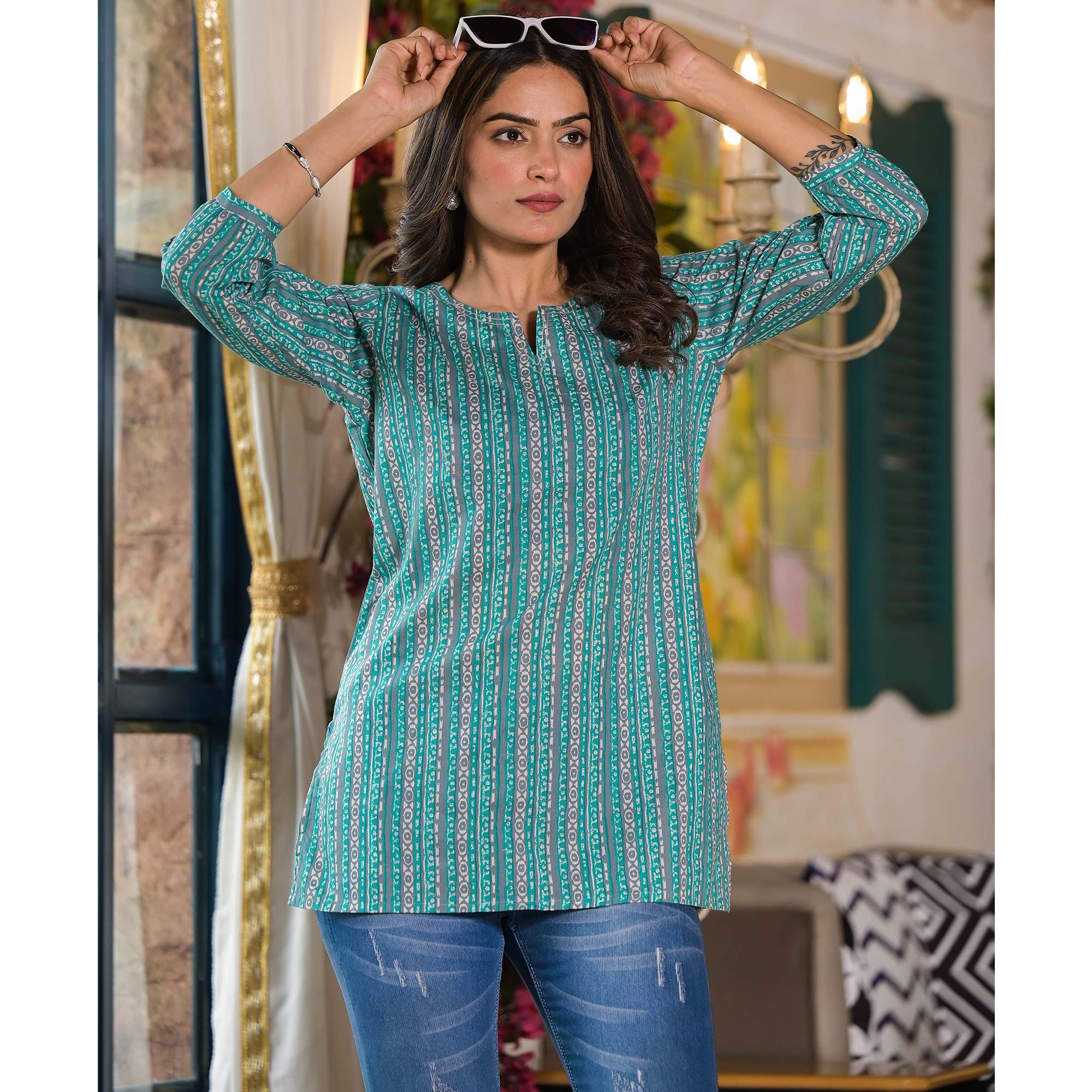 Turquoise Printed Pure Cotton Top
