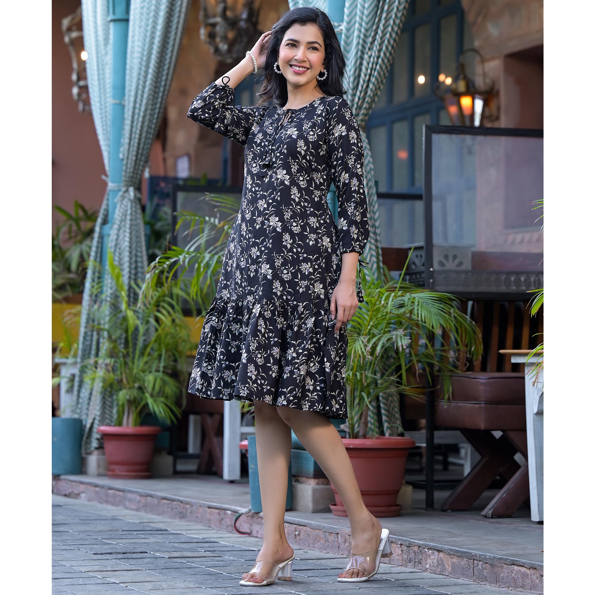 Black Floral Printed Rayon A-Line Dress