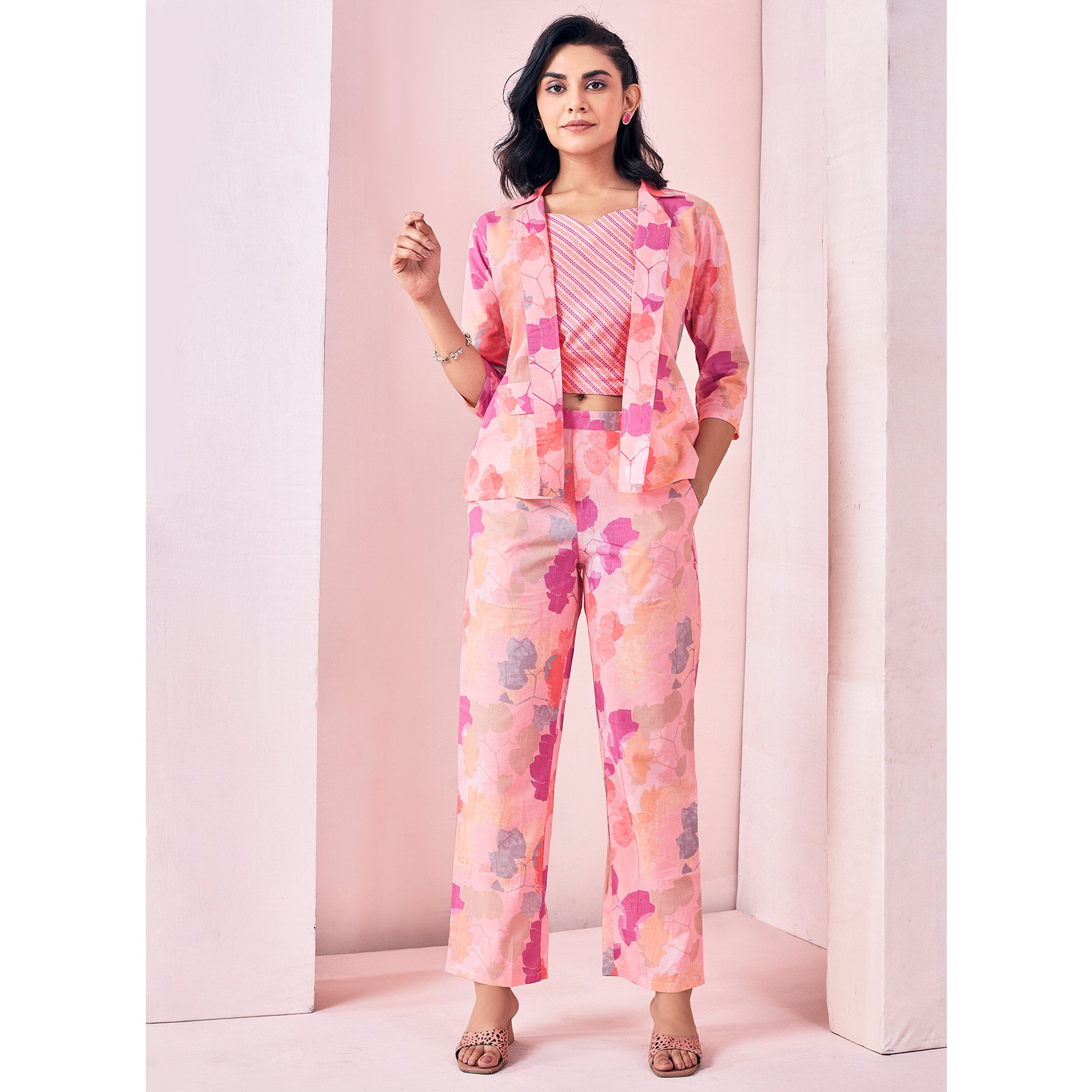 Peach Floral Printed Pure Cotton Co-ord Set With Jacket