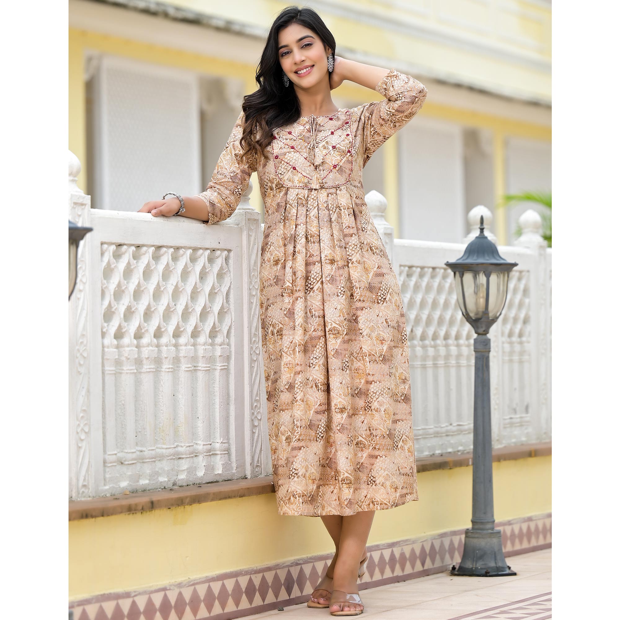 Mustard Floral Printed Pure Cotton A-Line Dress