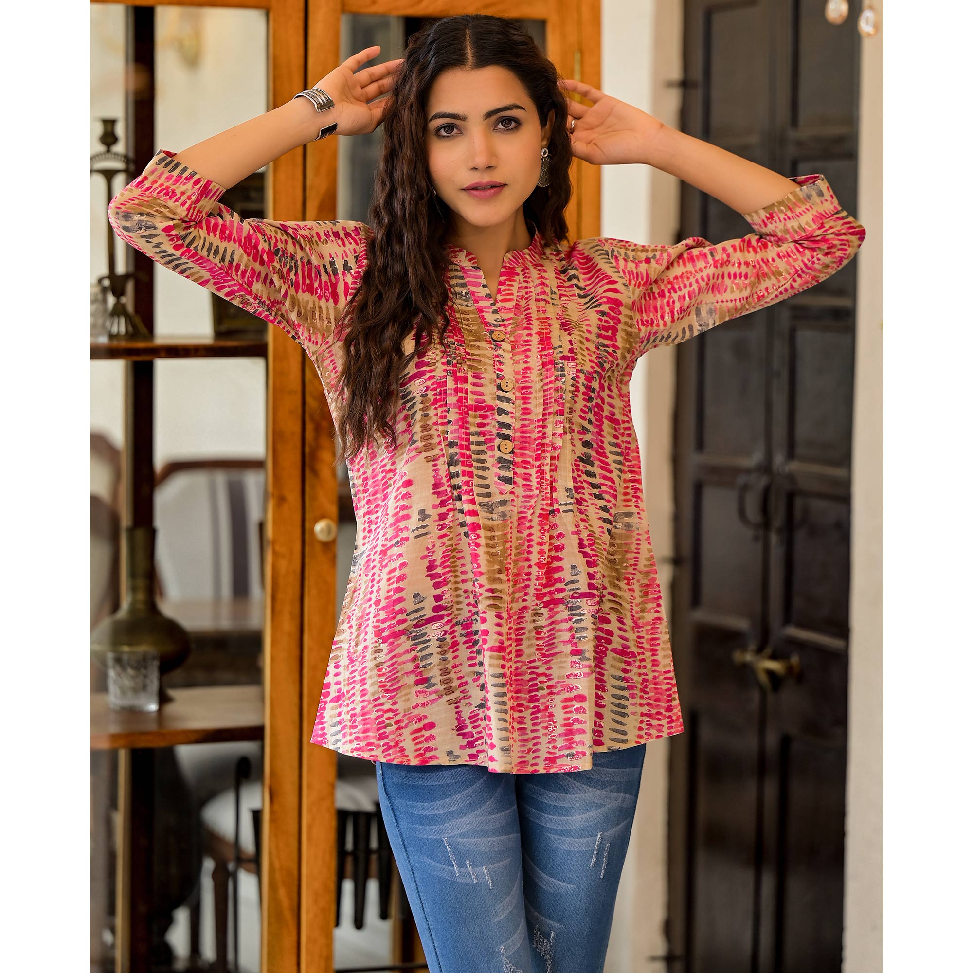 Rani Pink Foil Printed Pure Cotton A-Line Top