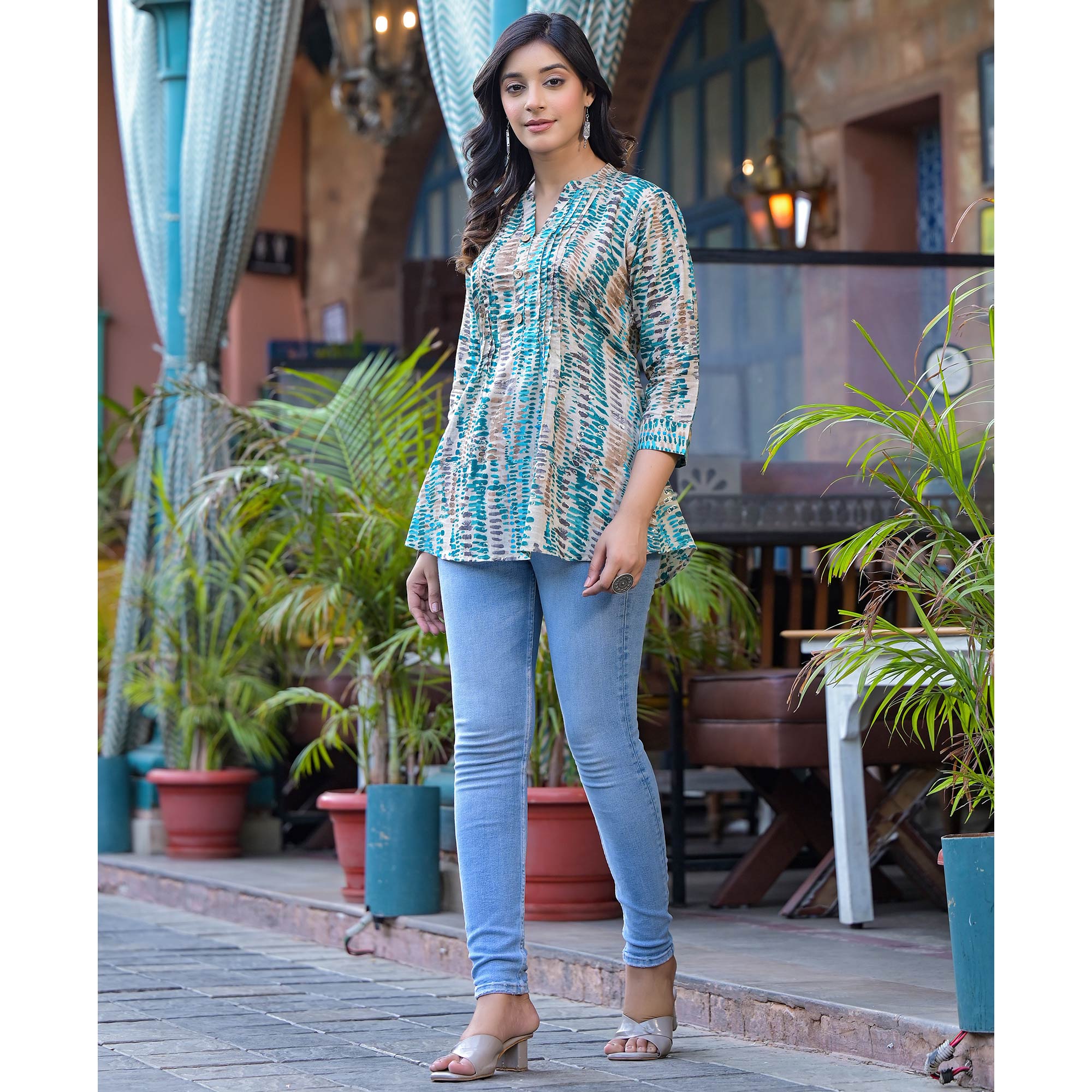 Turquoise Foil Printed Pure Cotton A-Line Top