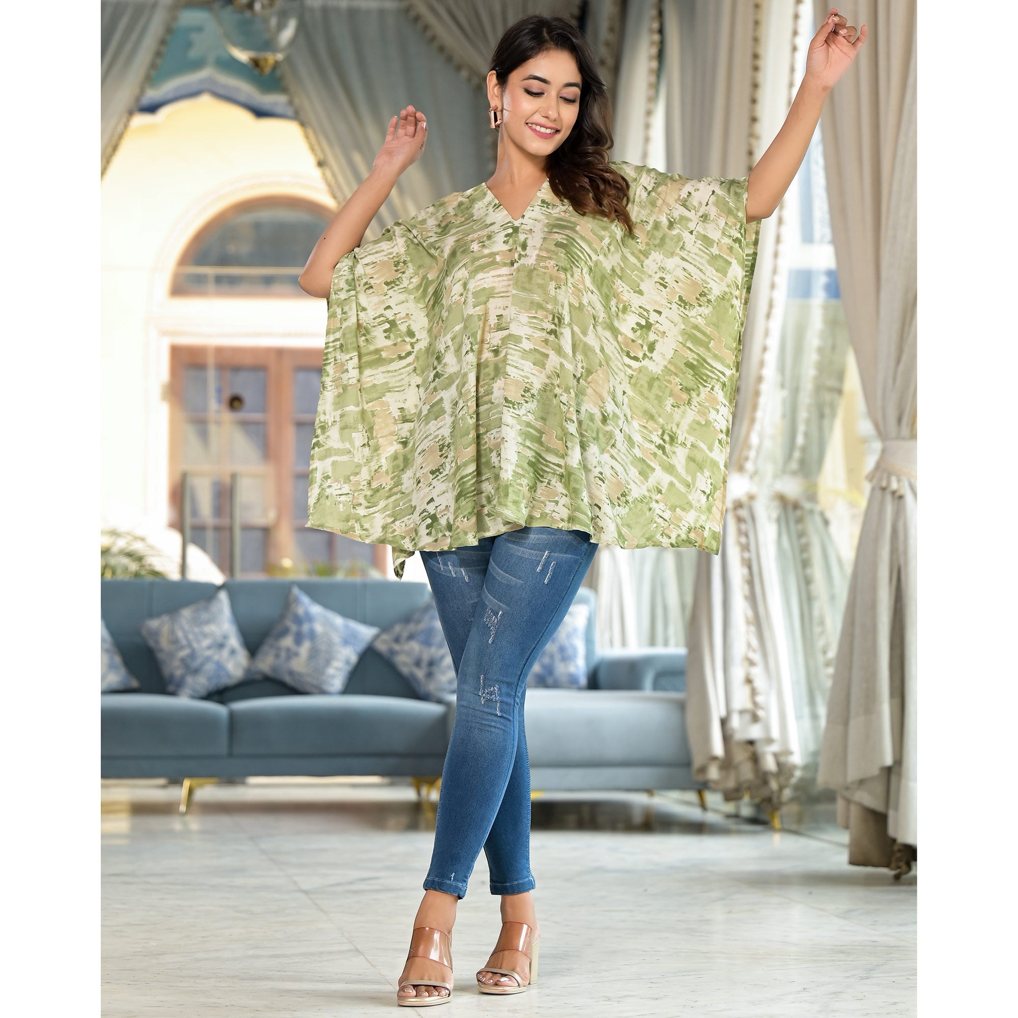 Olive Foil Printed Chanderi Silk Kaftan Top