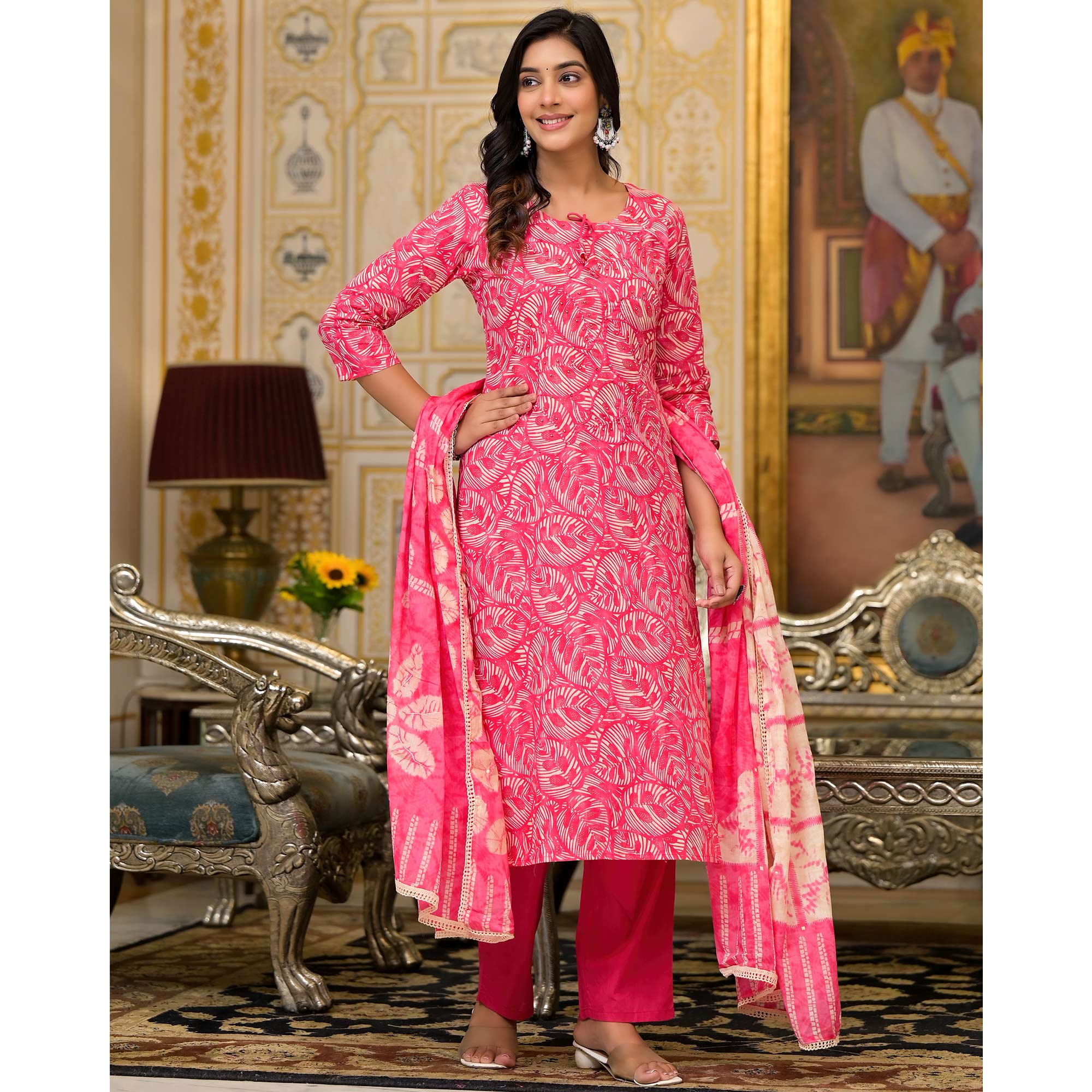 Rani Pink Floral Printed Pure Cotton Straight Salwar Suit
