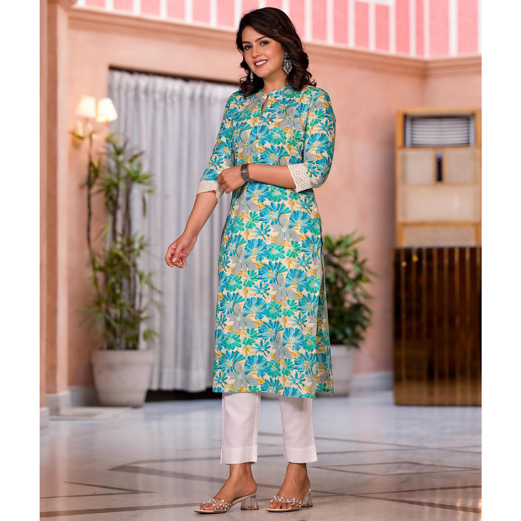 Blue Floral Printed Pure Cotton Straight Kurti