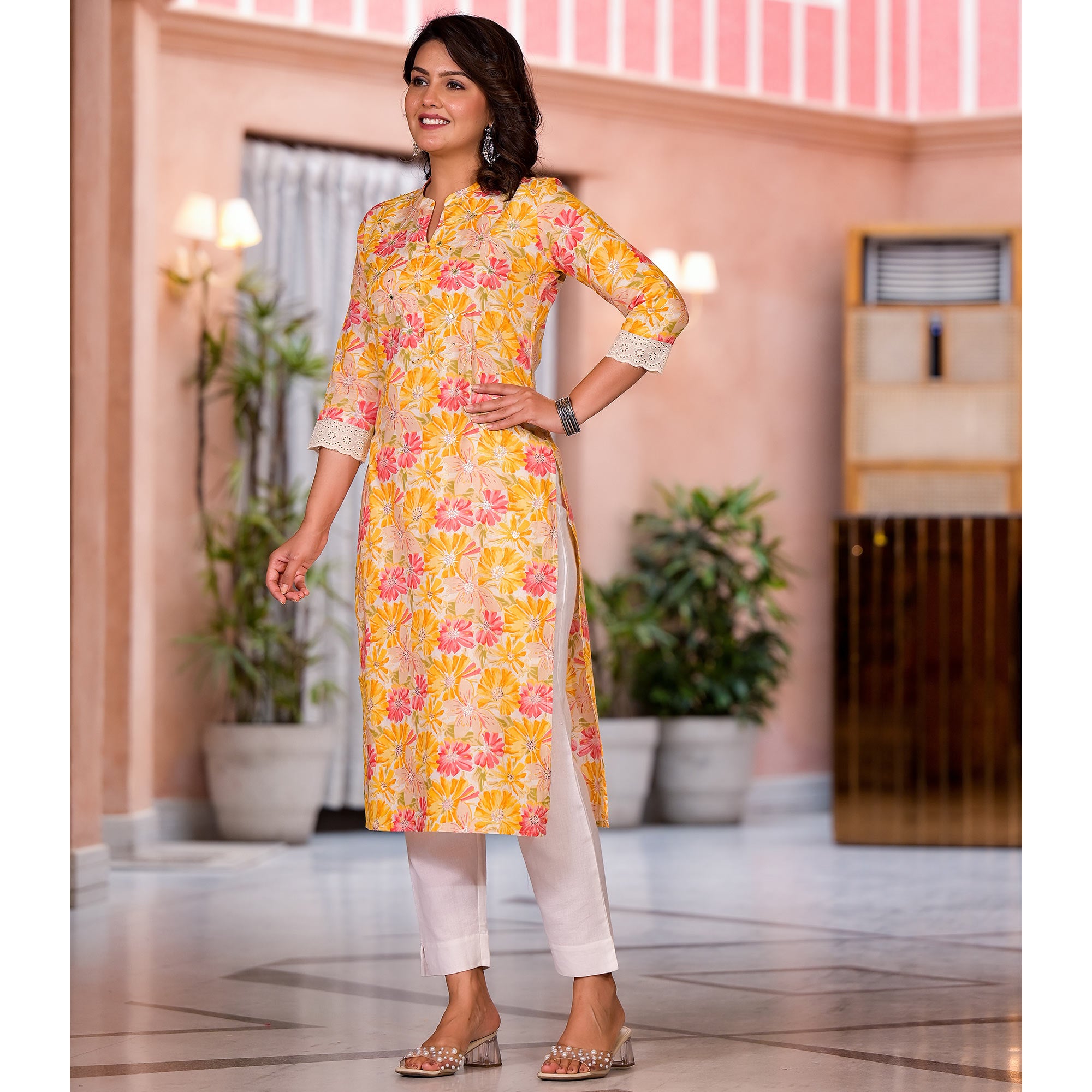 Yellow Floral Printed Pure Cotton Straight Kurti