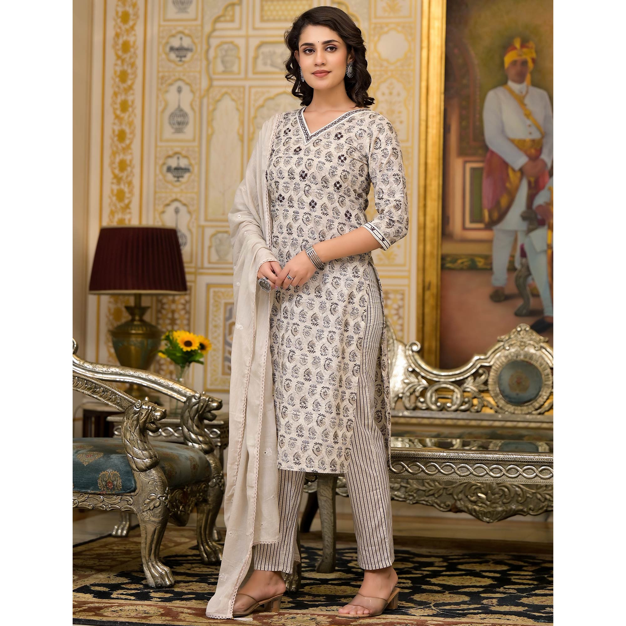 Dark Grey Floral Printed Pure Cotton Straight Salwar Suit