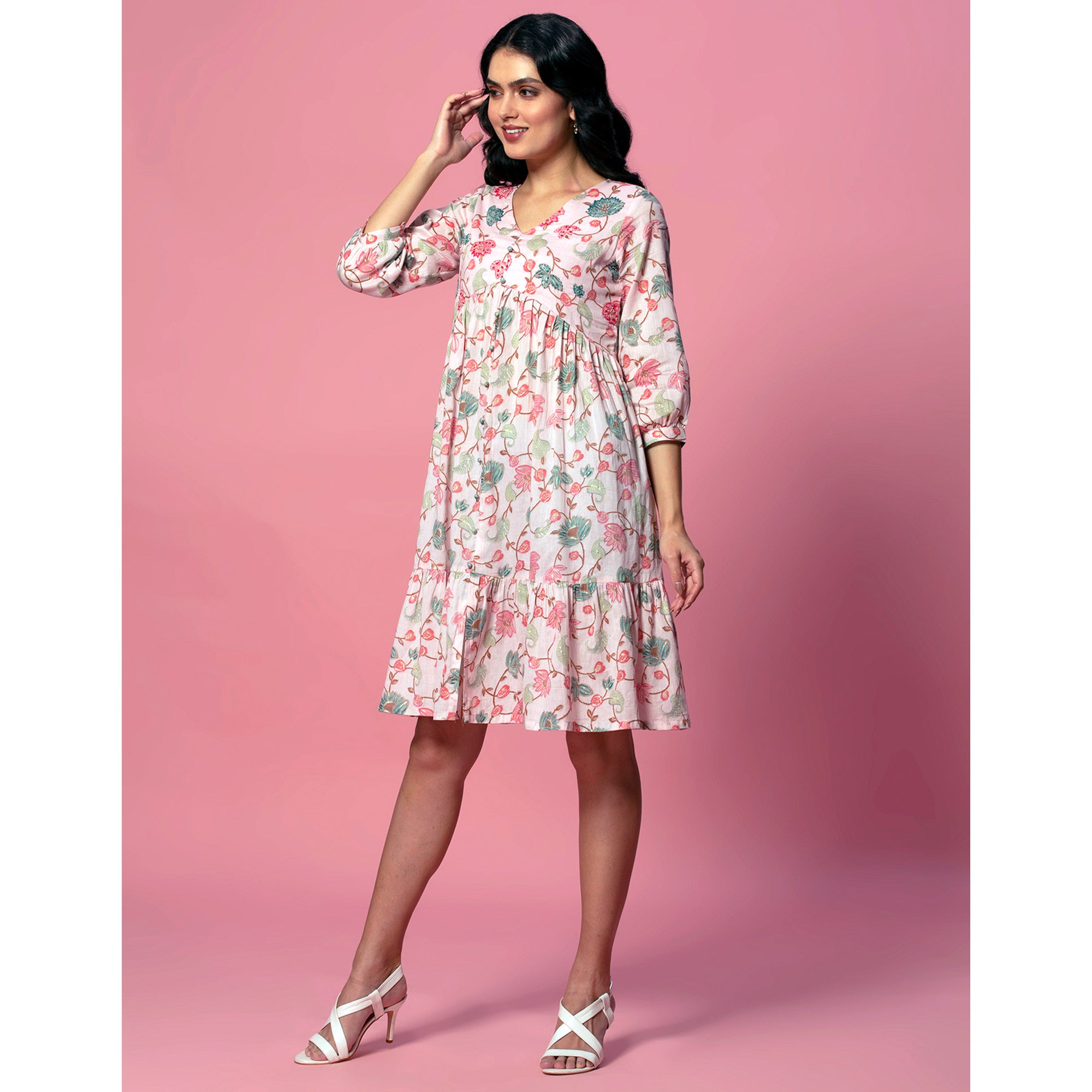 Peach Floral Printed Pure Cotton Dress