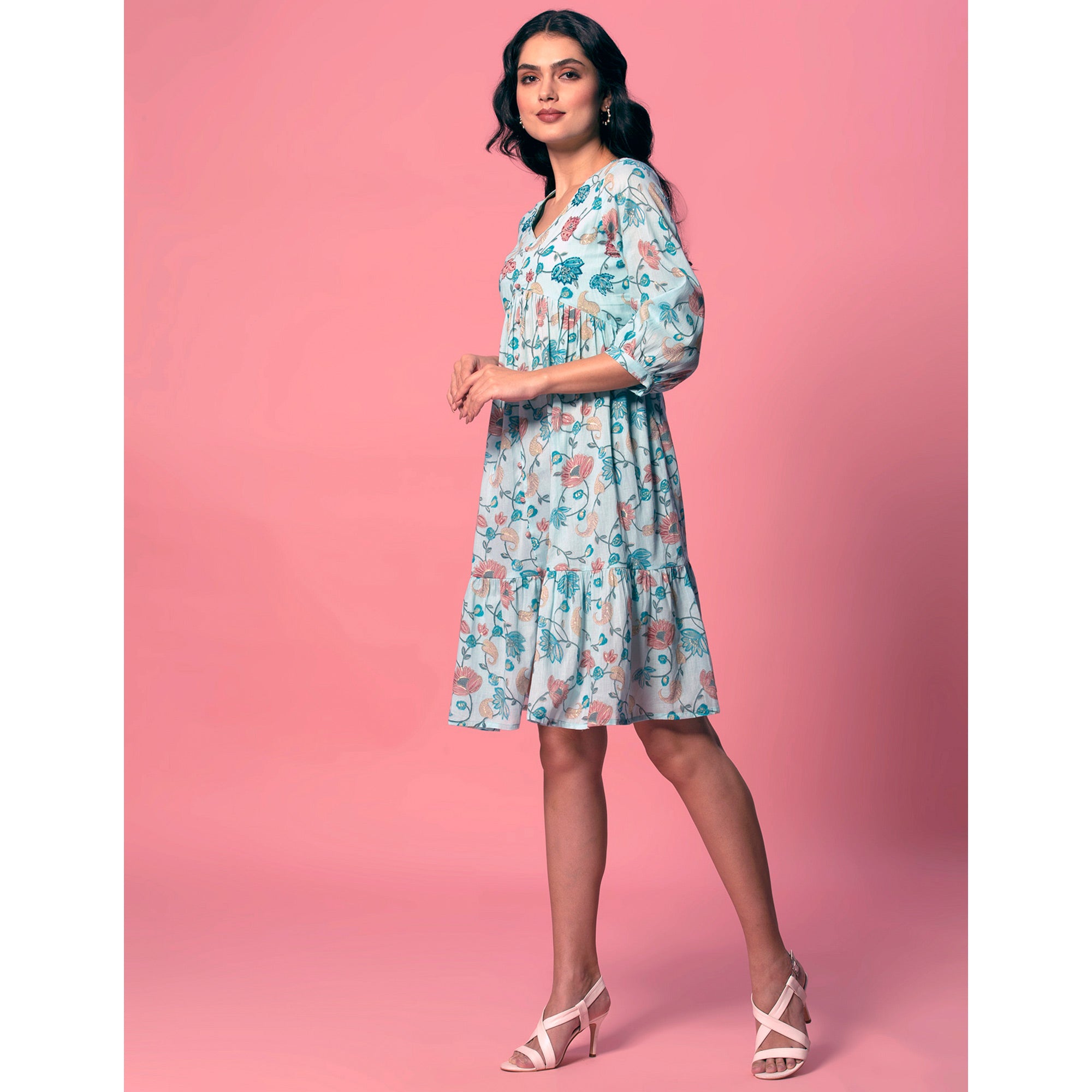 Turquoise Floral Printed Pure Cotton Dress