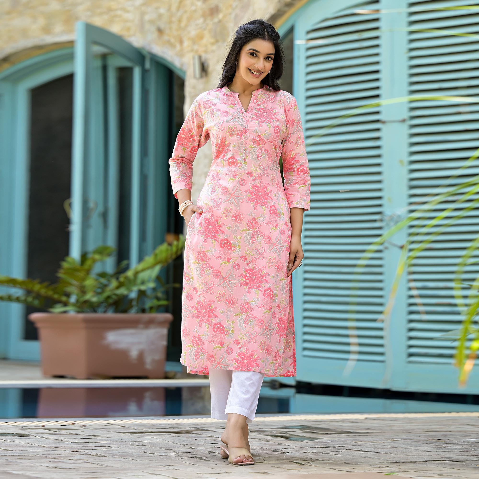 Peach Floral Printed Pure Cotton Straight Kurti