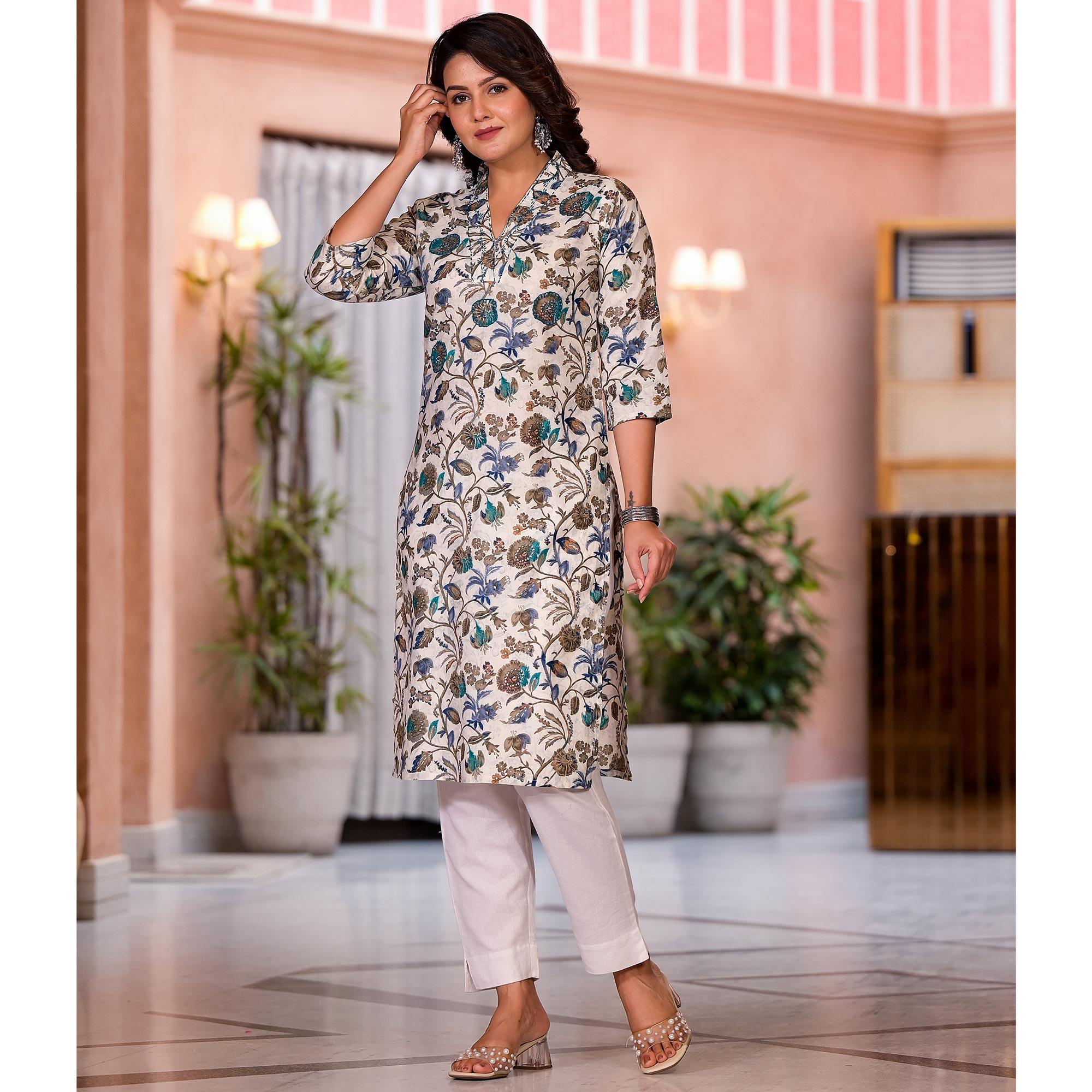 Chikoo & Turquoise Floral Printed Pure Cotton Kurti With Handcrafted