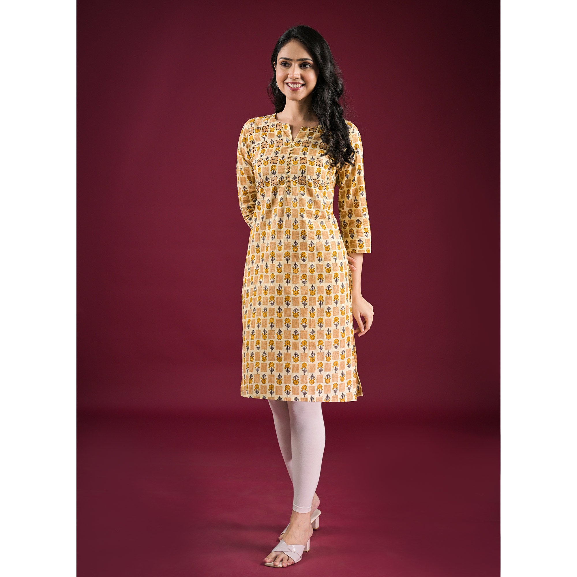 Mustard Floral Printed Pure Cotton Straight Kurti