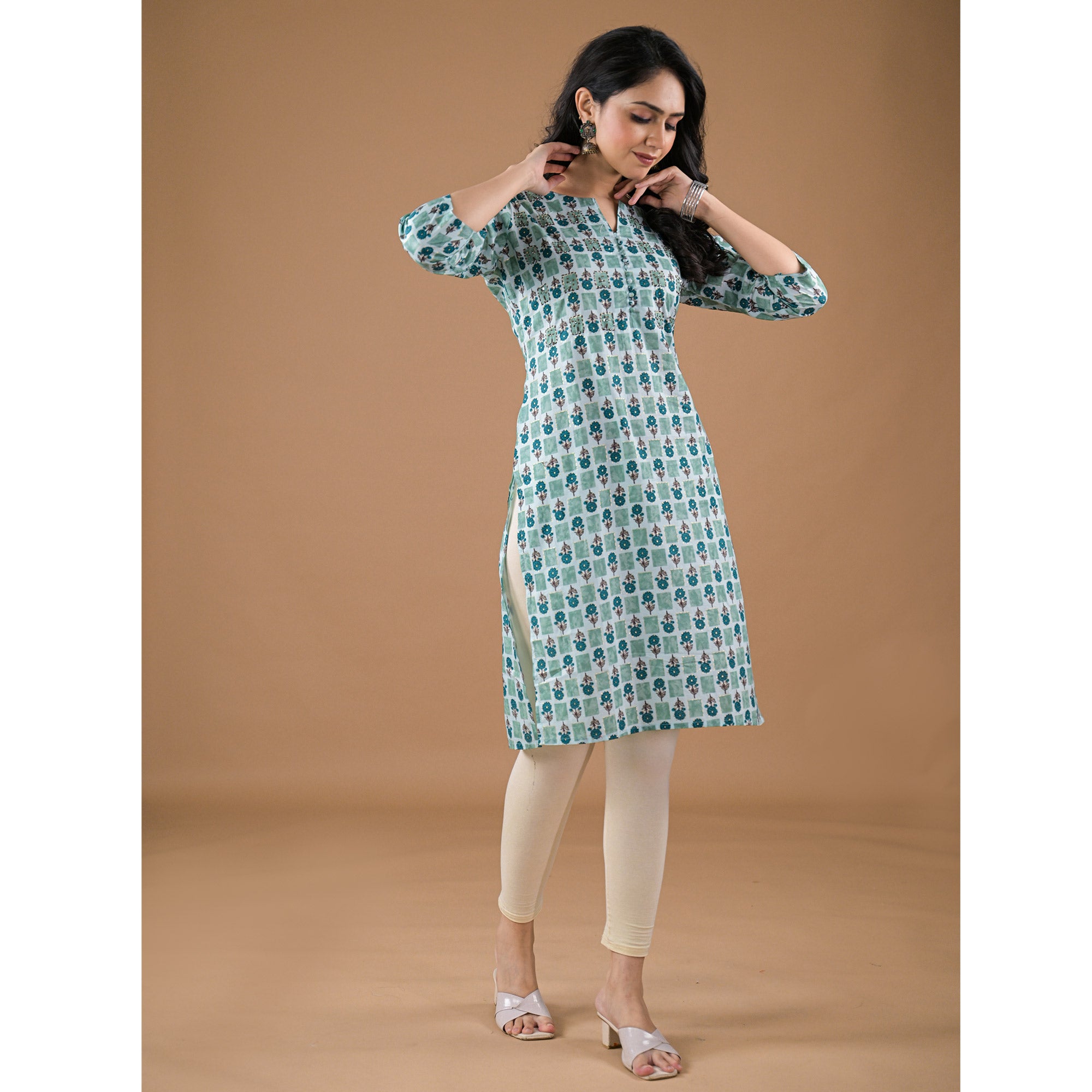 Sea Green Floral Printed Pure Cotton Straight Kurti