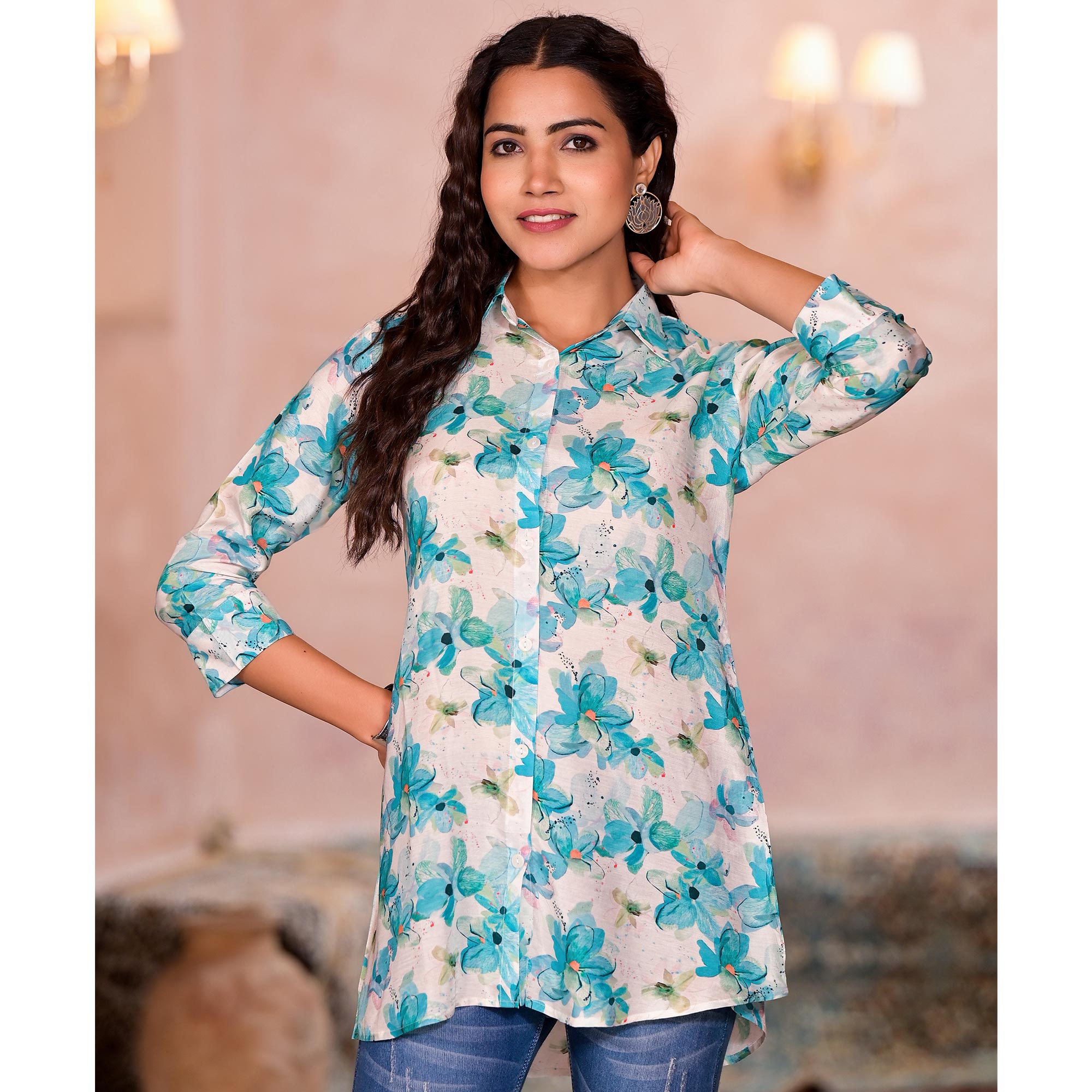 Turquoise Floral Printed Muslin Top