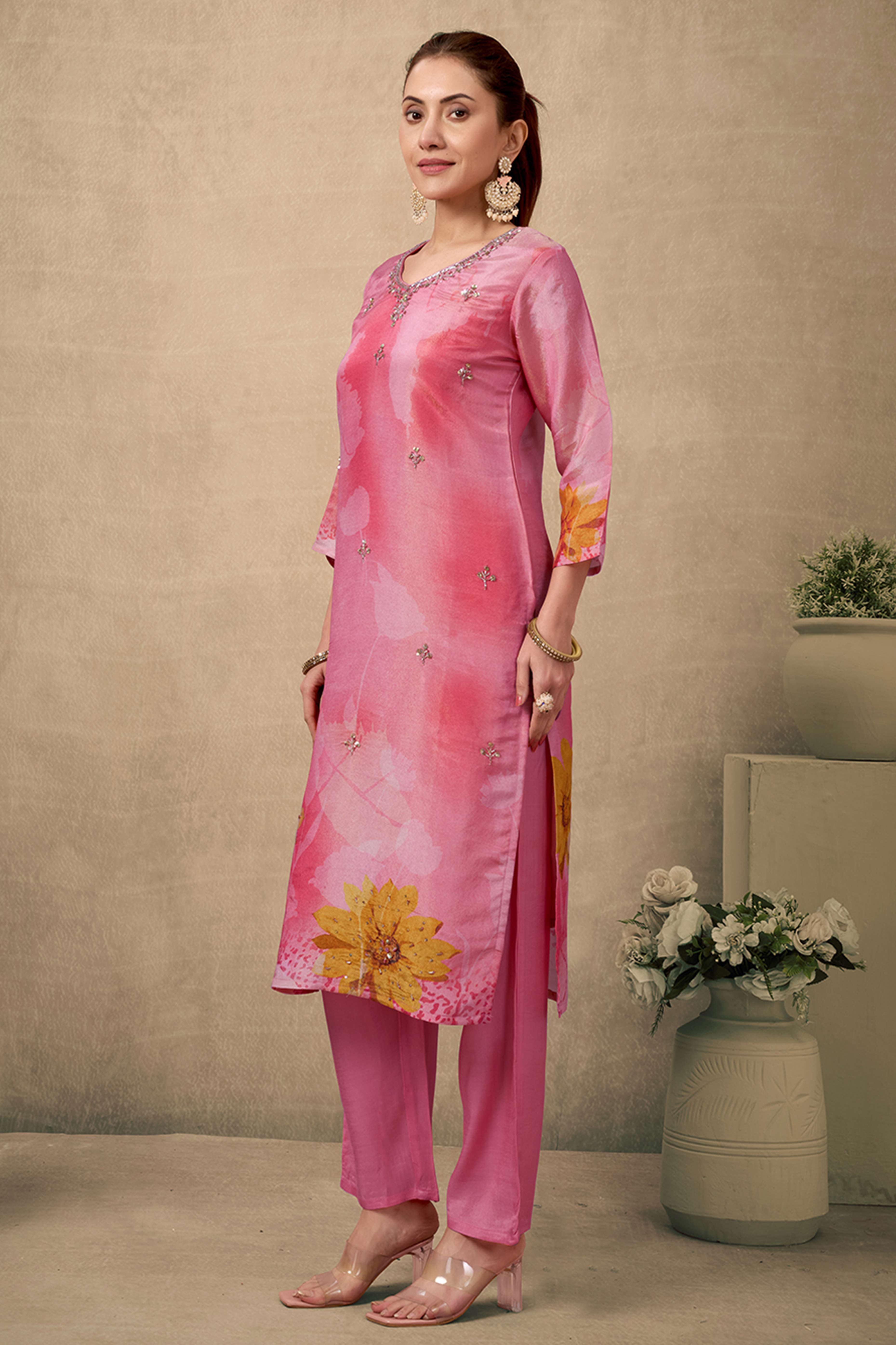 Bright Peach Organza Straight Suit Enhanced with Detailed Embroidery in Stones and Beads