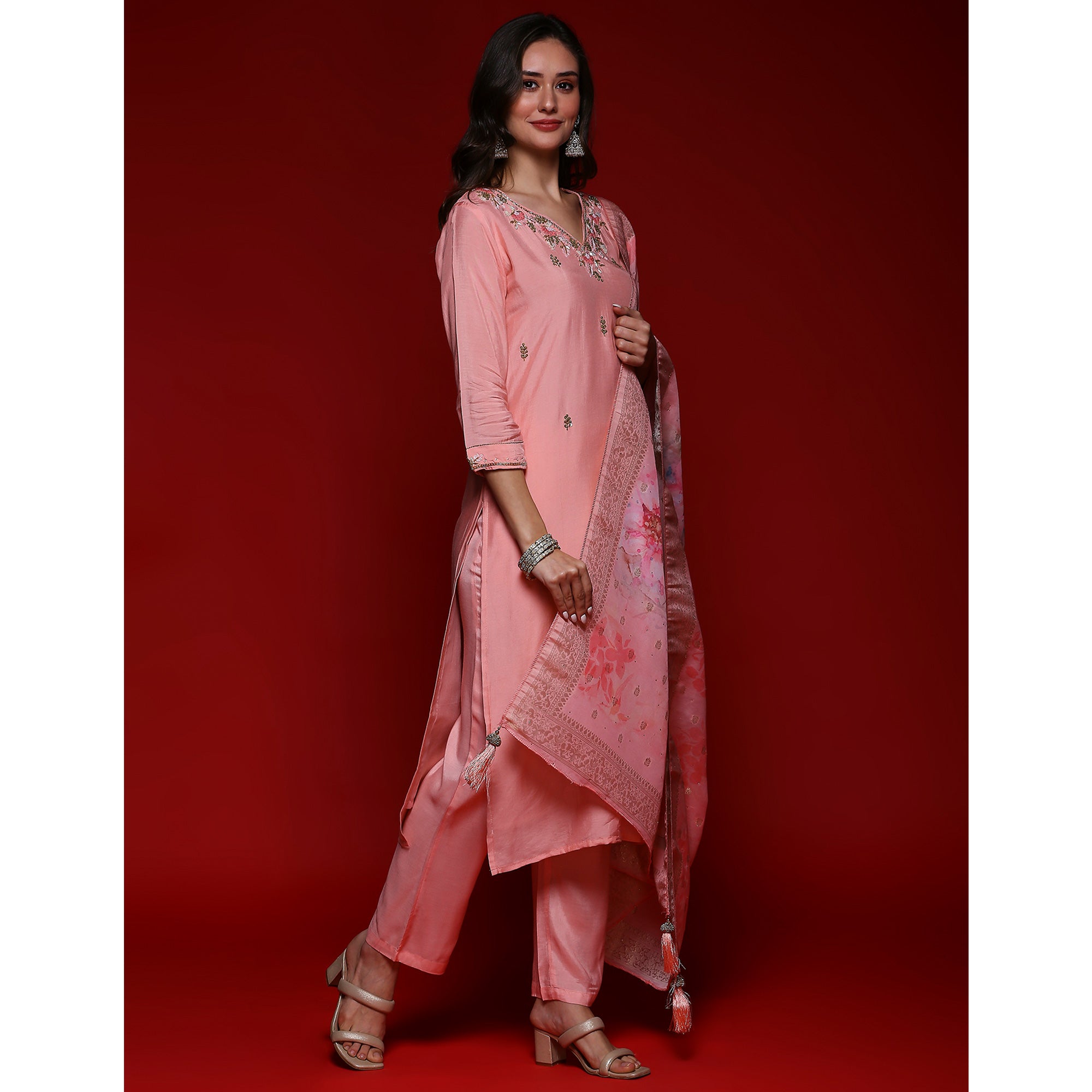 Pink Floral Embroidered Muslin Straight Salwar Suit