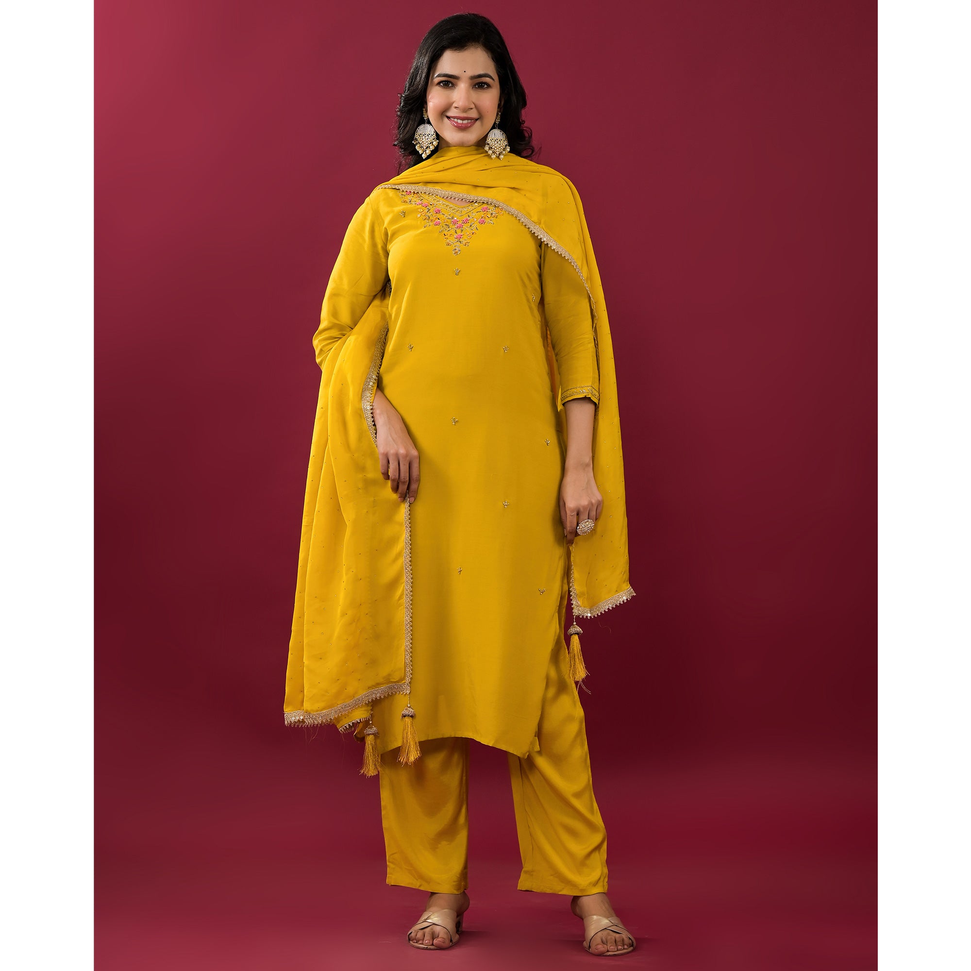 Mustard Embroidered Muslin Straight Salwar Suit