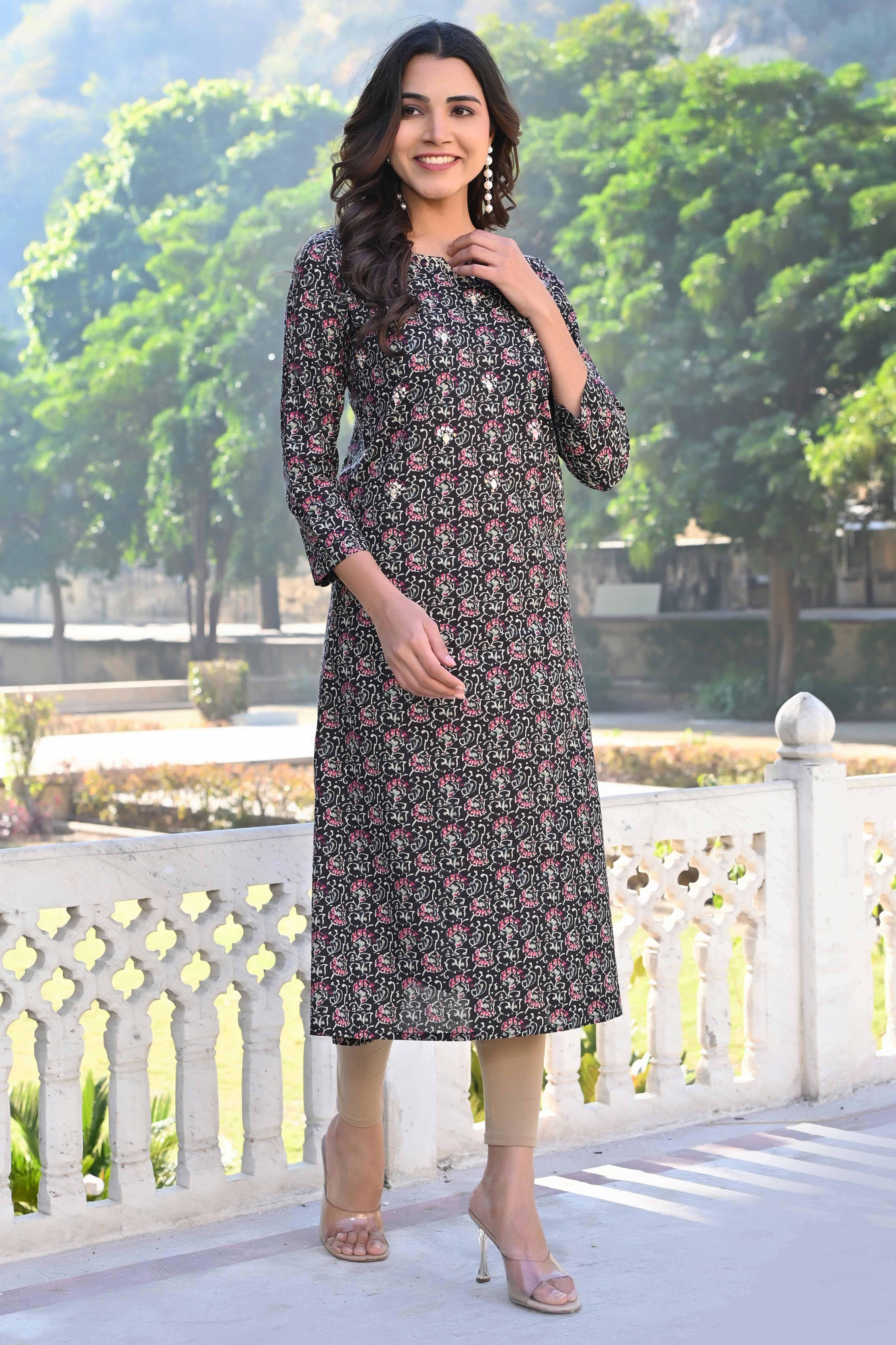 Black Floral Printed Pure Cotton Straight Kurti