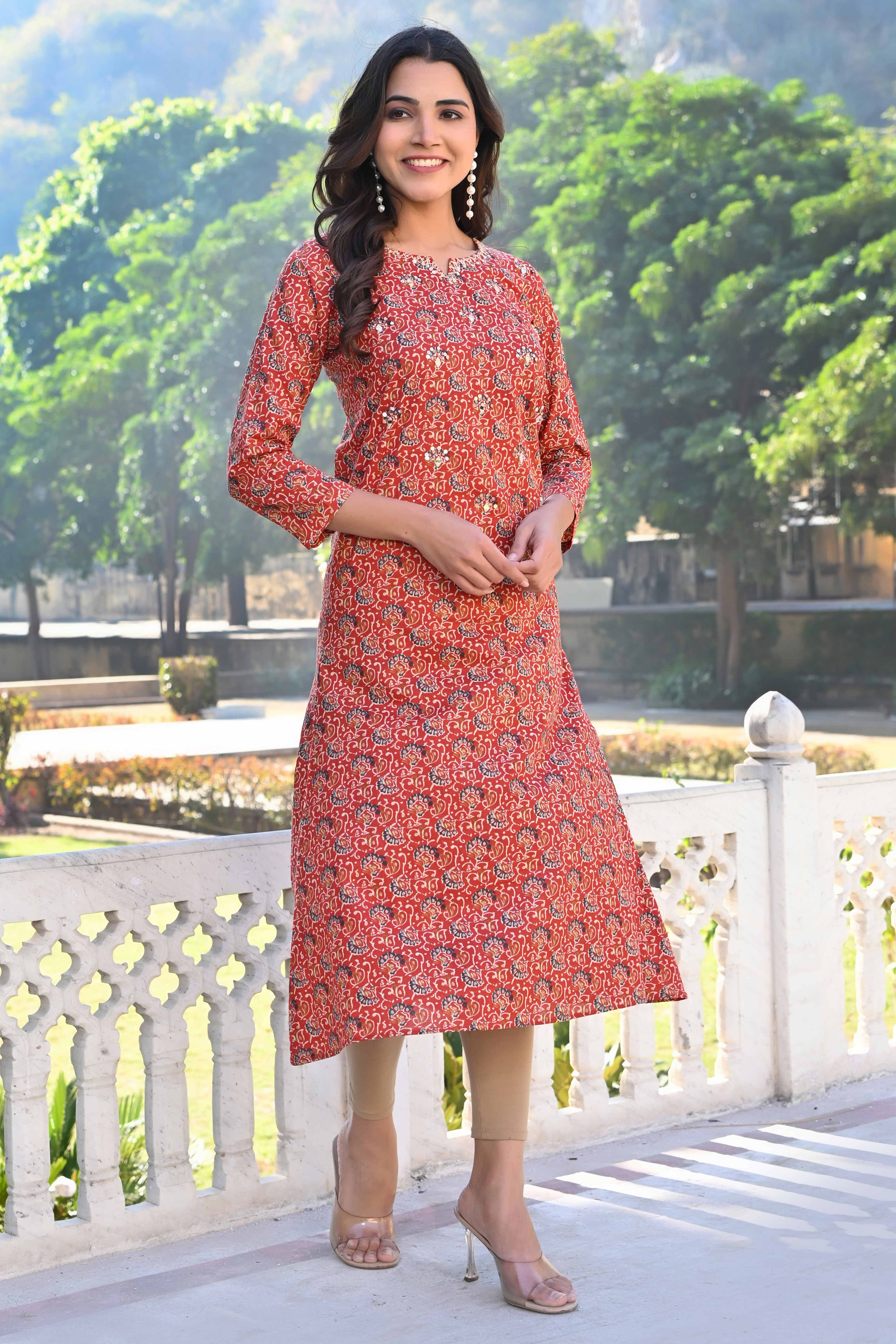 Red Floral Printed Pure Cotton Straight Kurti