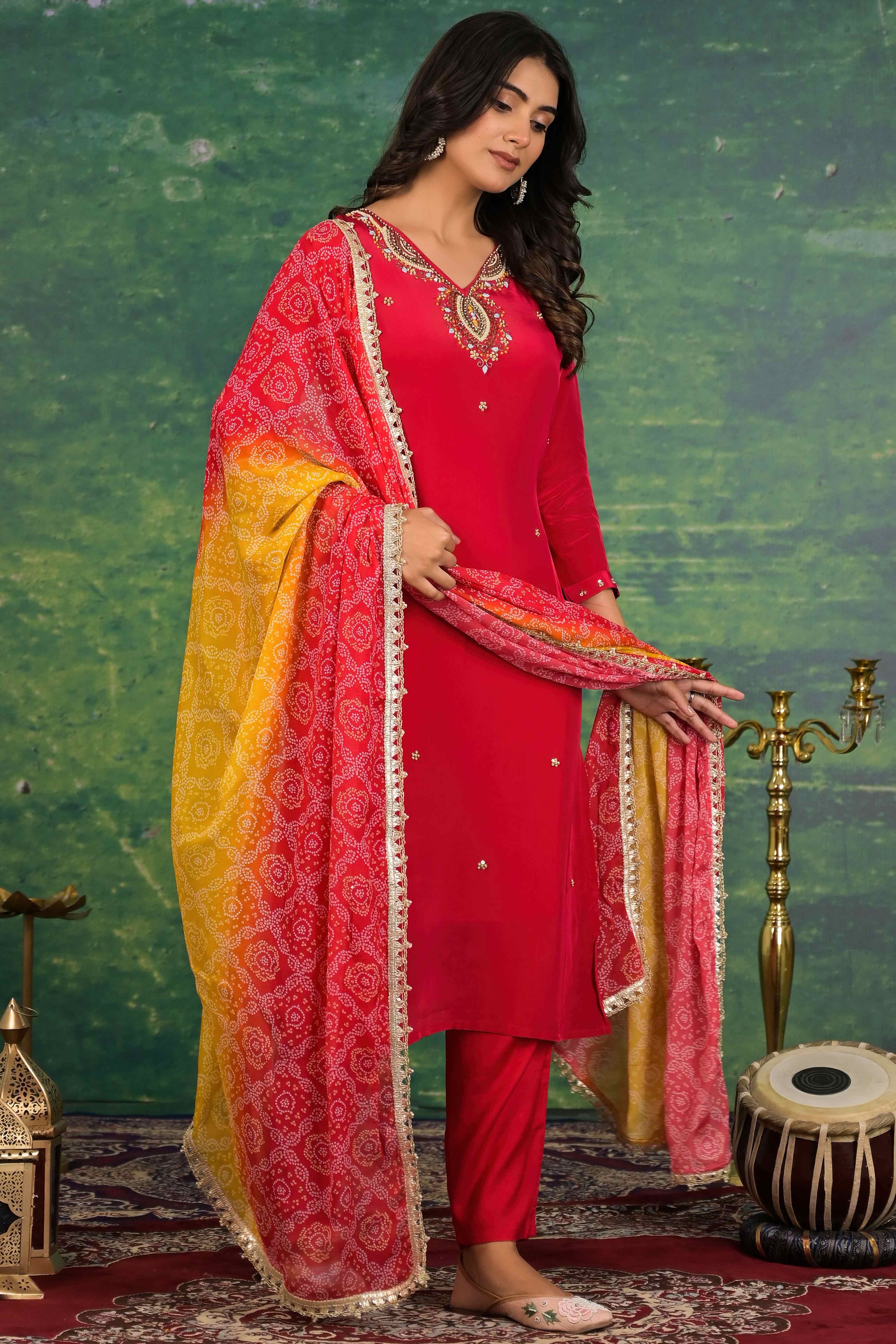 Red Beads Work Embroidered Crepe Salwar Suit