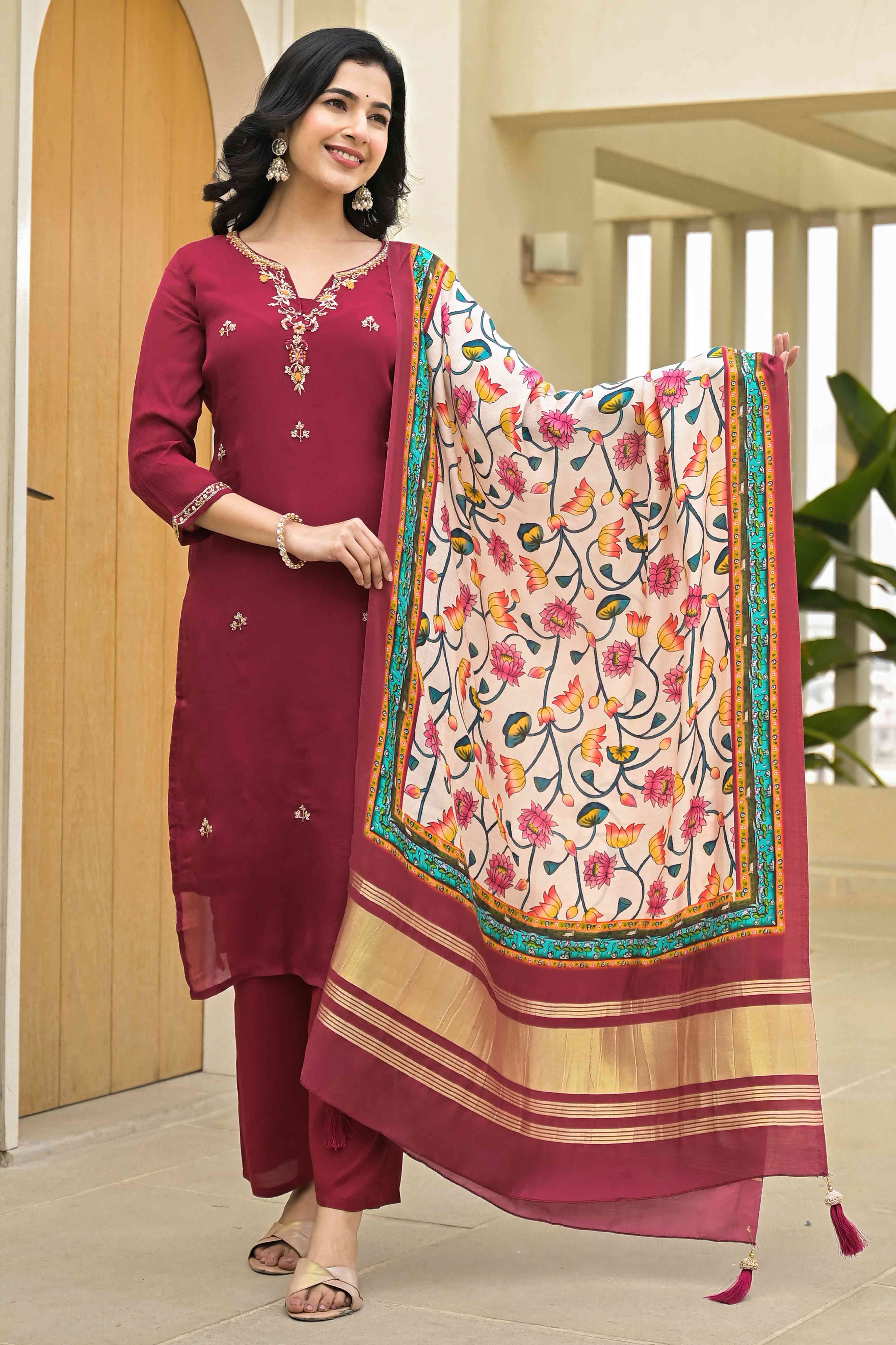 Wine Floral Embroidered Chinon Straigth Salwar Suit