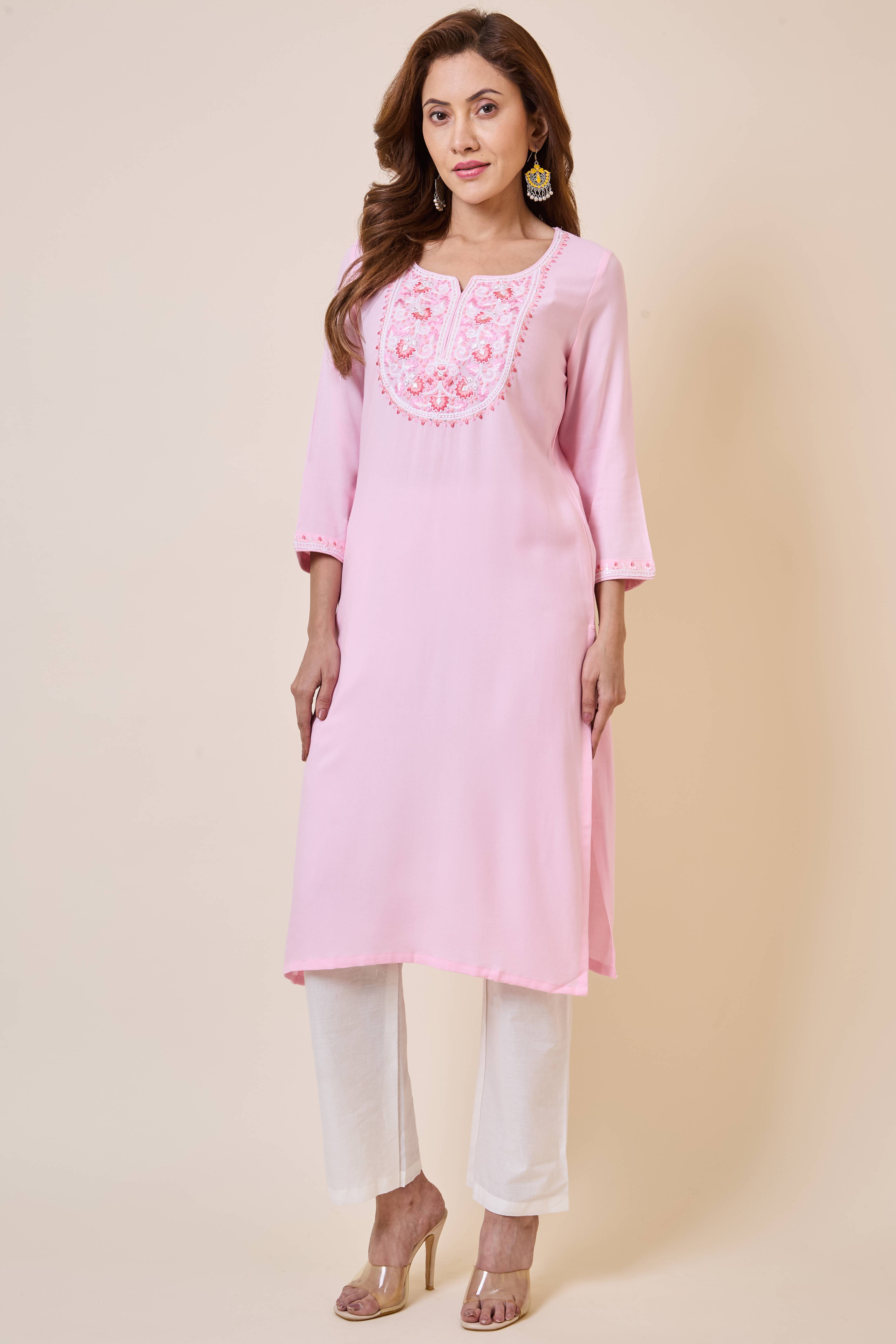 Light Pink Yoke Embroidered Rayon Straight Kurti