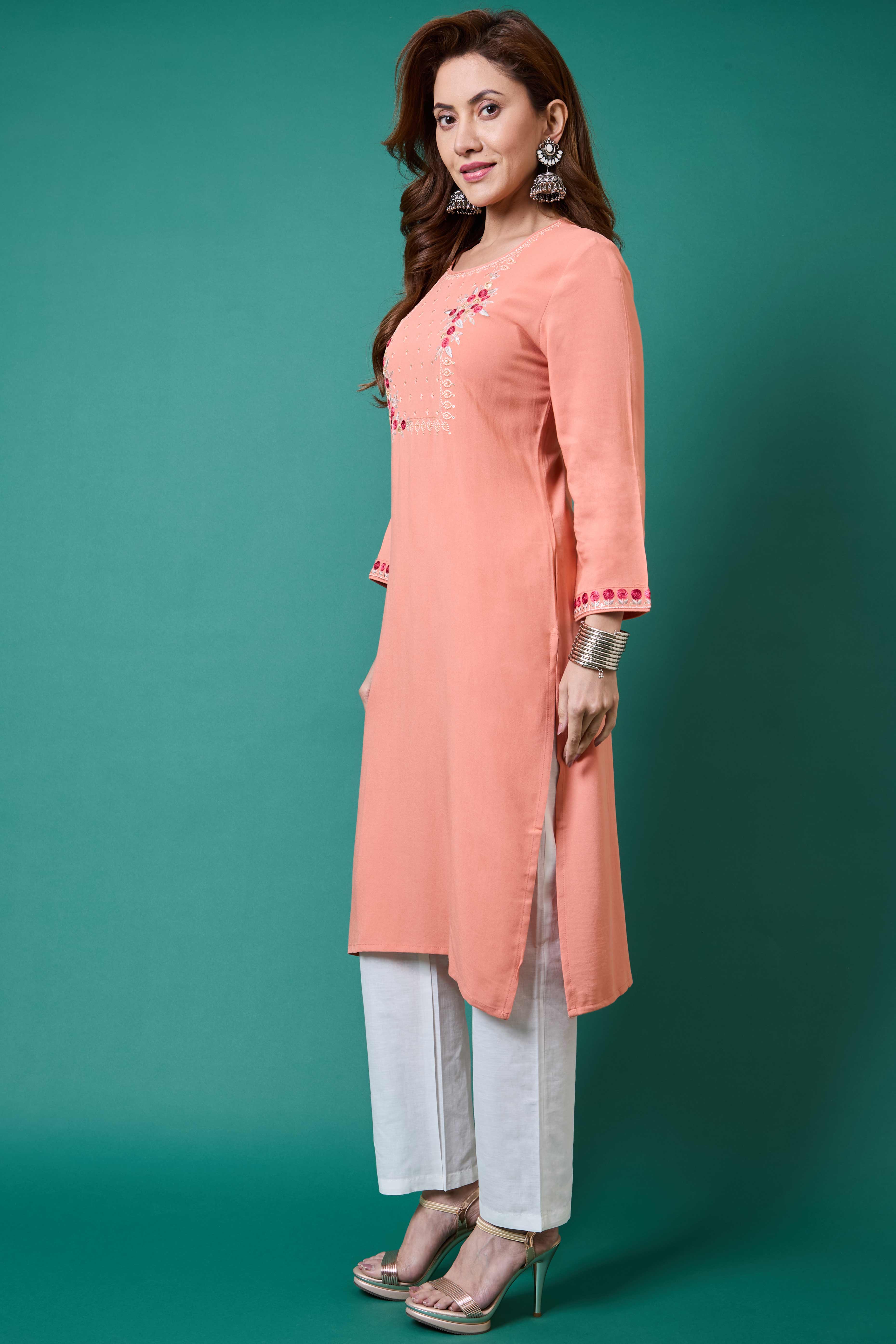 Peach Yoke Embroidered Rayon Straight Kurti