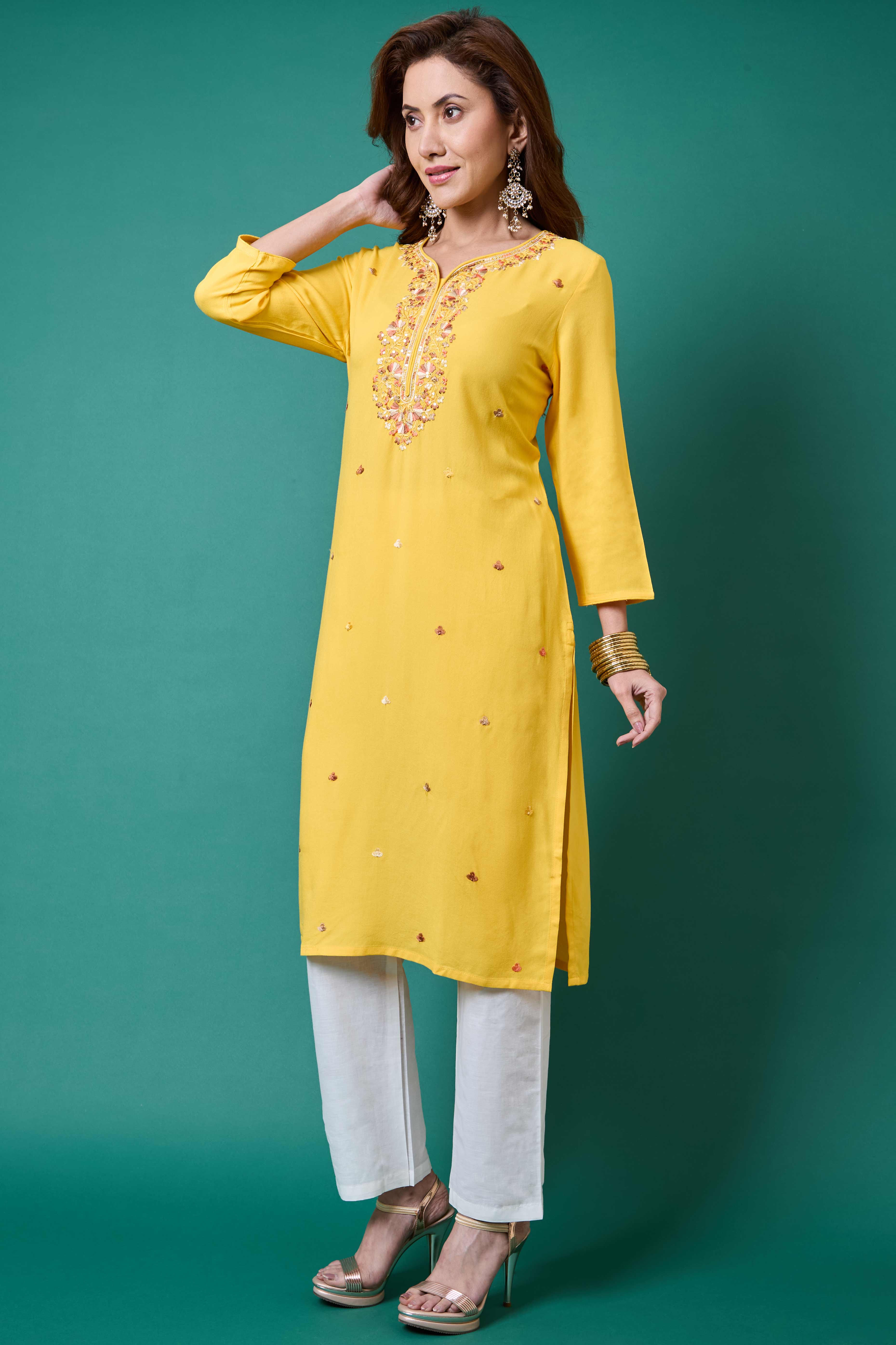 Yellow Yoke Embroidered Rayon Straight Kurti