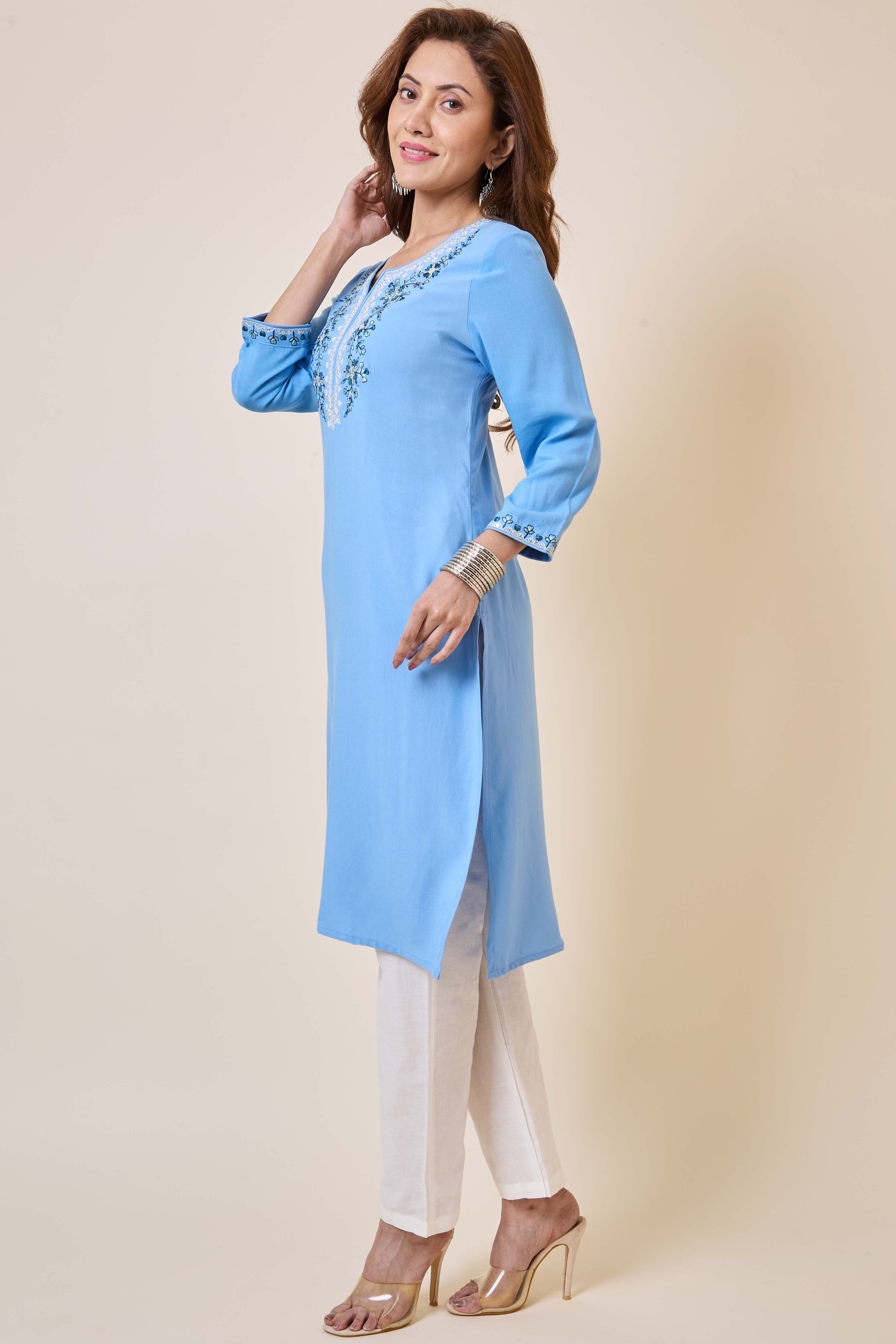 Sky Blue Yoke Embroidered Rayon Straight Kurti