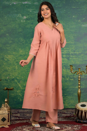 Peach Floral Embroidered Pure Cotton Top Bottom Set